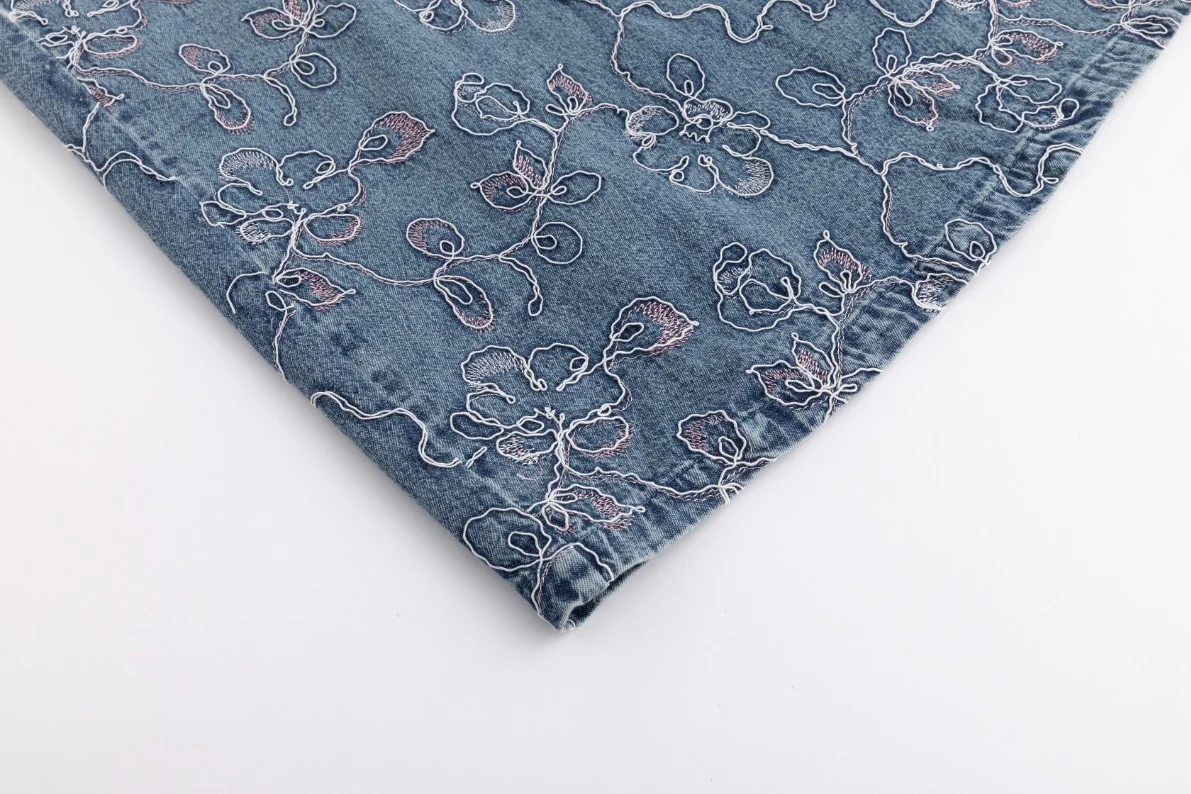 Abstract Embroidery Tie Waist Denim Skirt - Image 7
