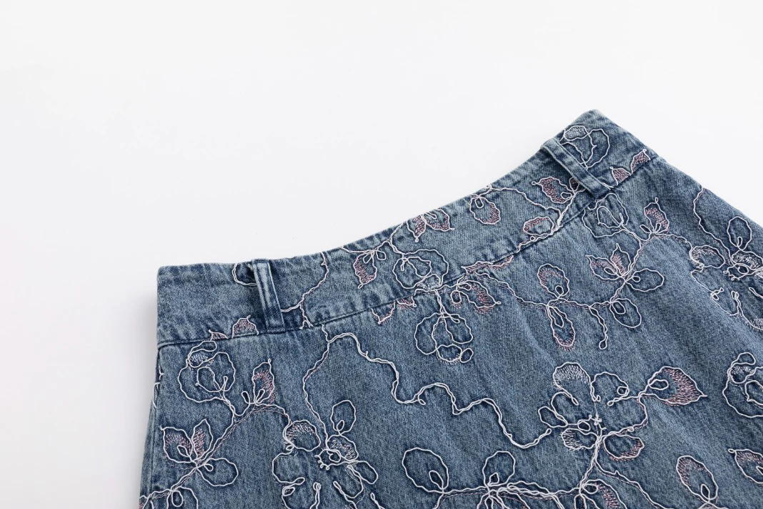 Abstract Embroidery Tie Waist Denim Skirt - Image 8