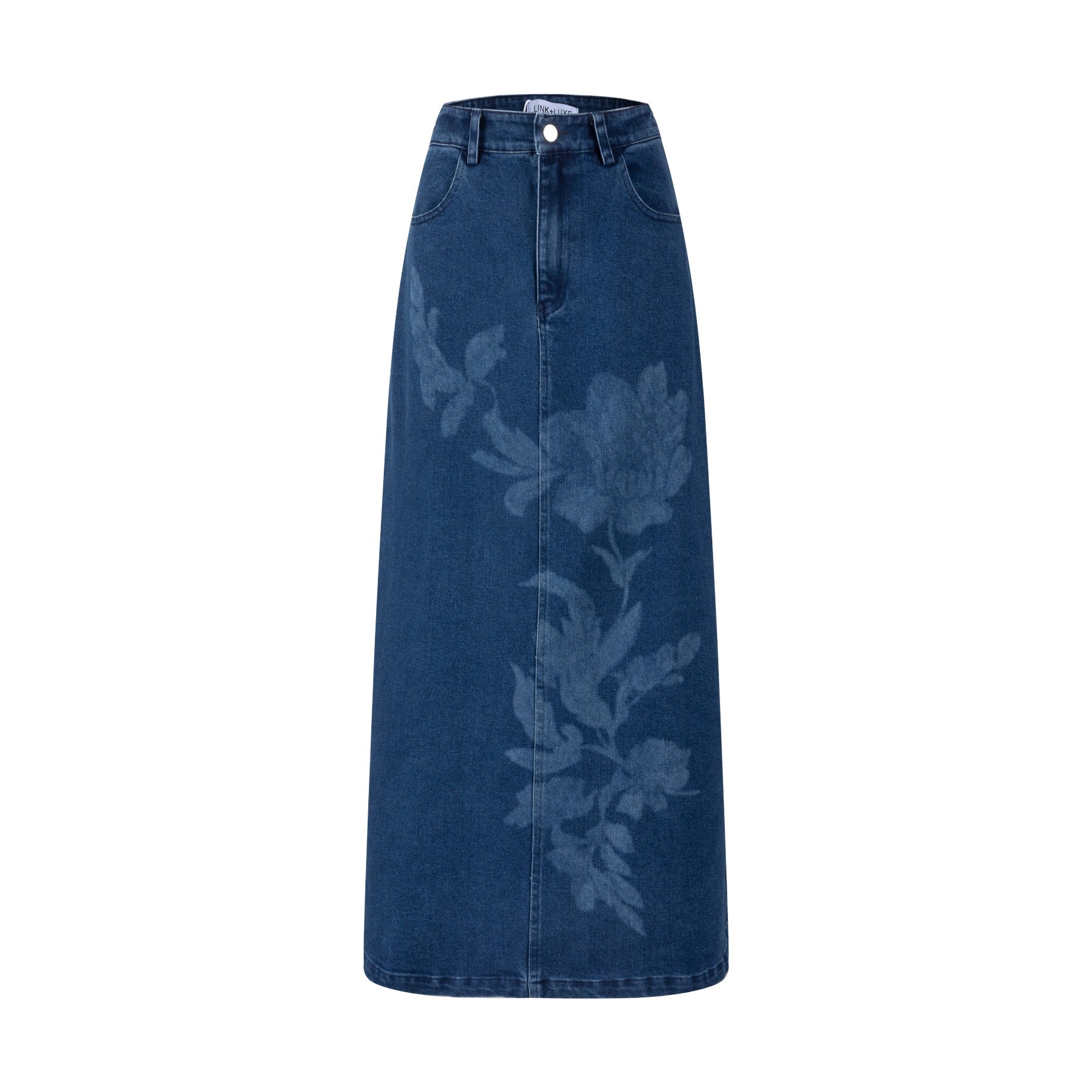 Acid Washed Flower Print Denim Skirt - Blue - Image 4