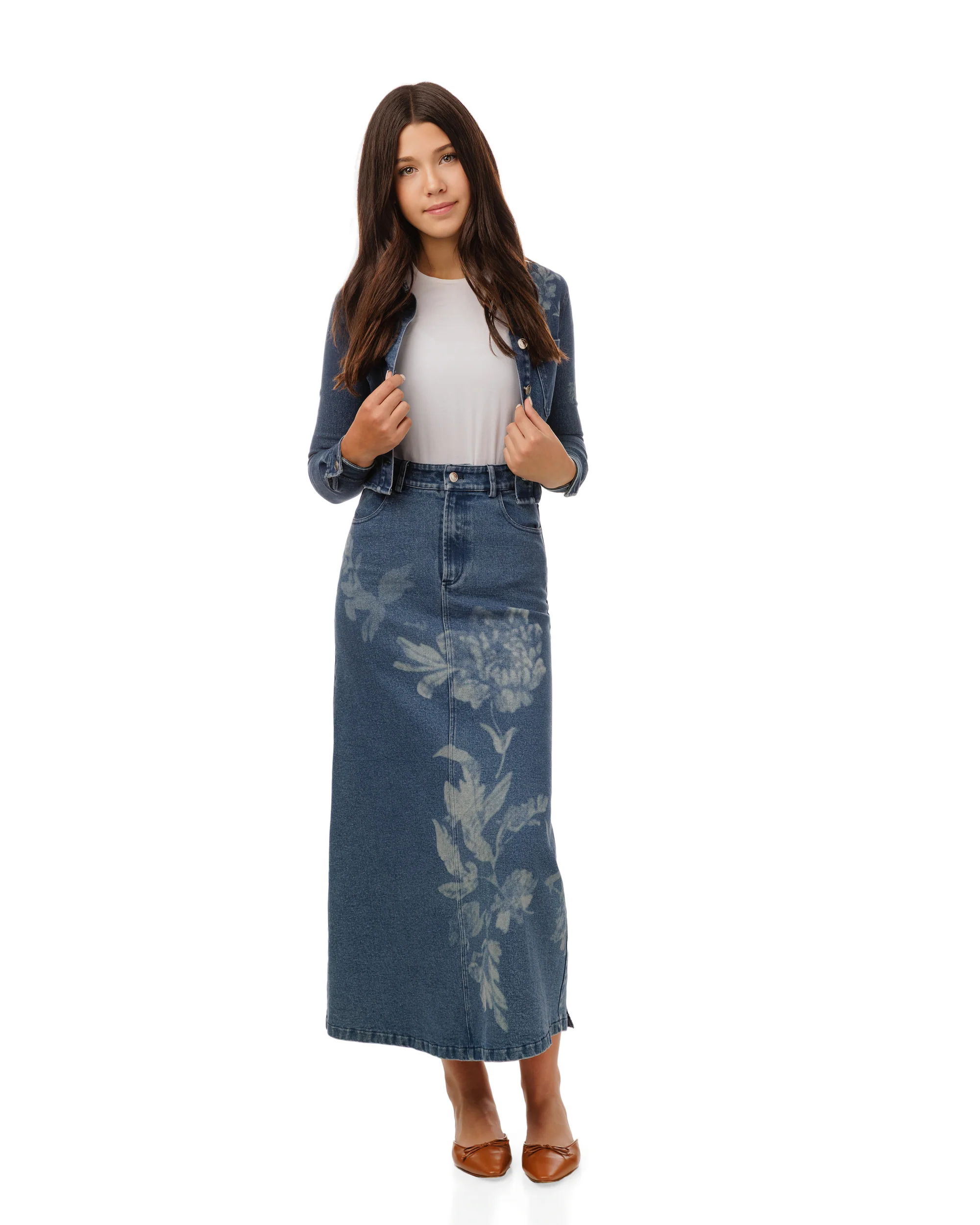 Acid Washed Flower Print Denim Top - Blue