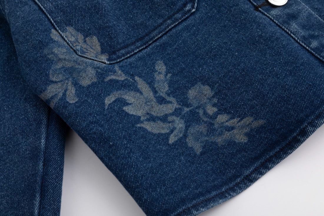Acid Washed Flower Print Denim Top - Blue - Image 6