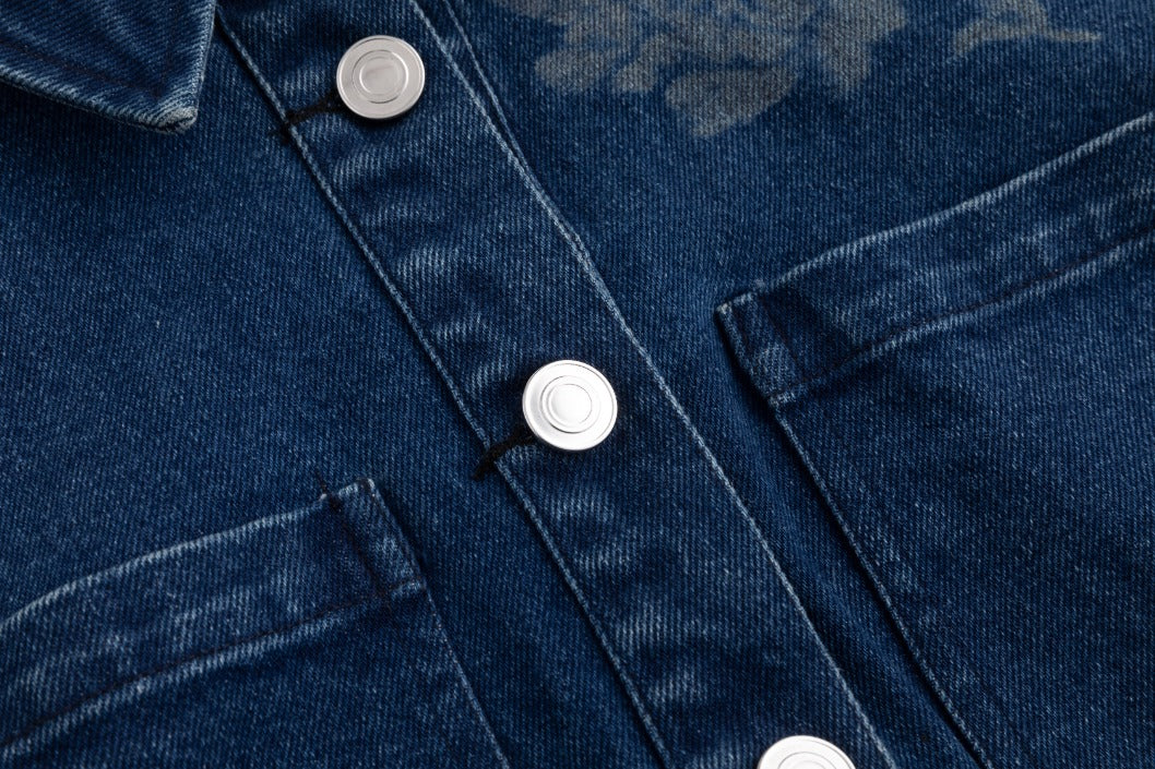 Acid Washed Flower Print Denim Top - Blue - Image 7