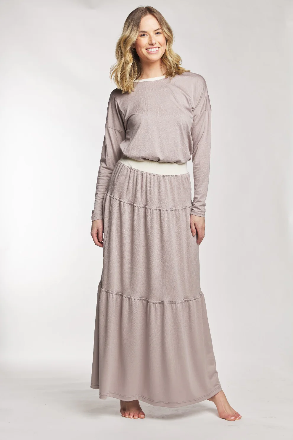 Grey Cotton Layered Skirt With White Waistband - Image 2