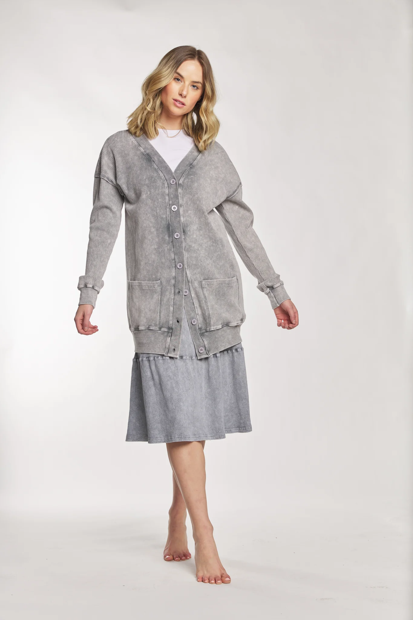 Light Grey Wash Ribbed Button Up Cardigan With Pockets - Image 2