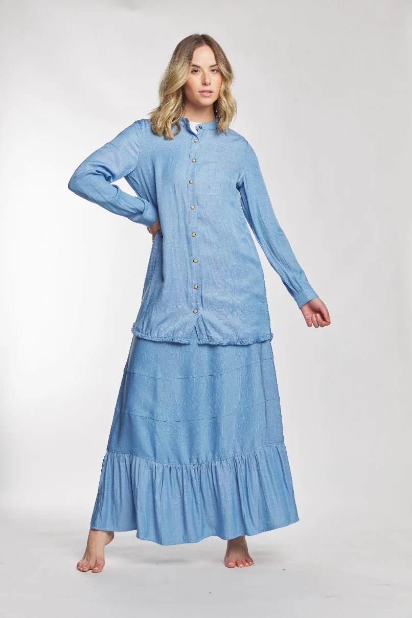 Light Blue Button Up Cardigan With Distressed Bottom Trim - Image 2