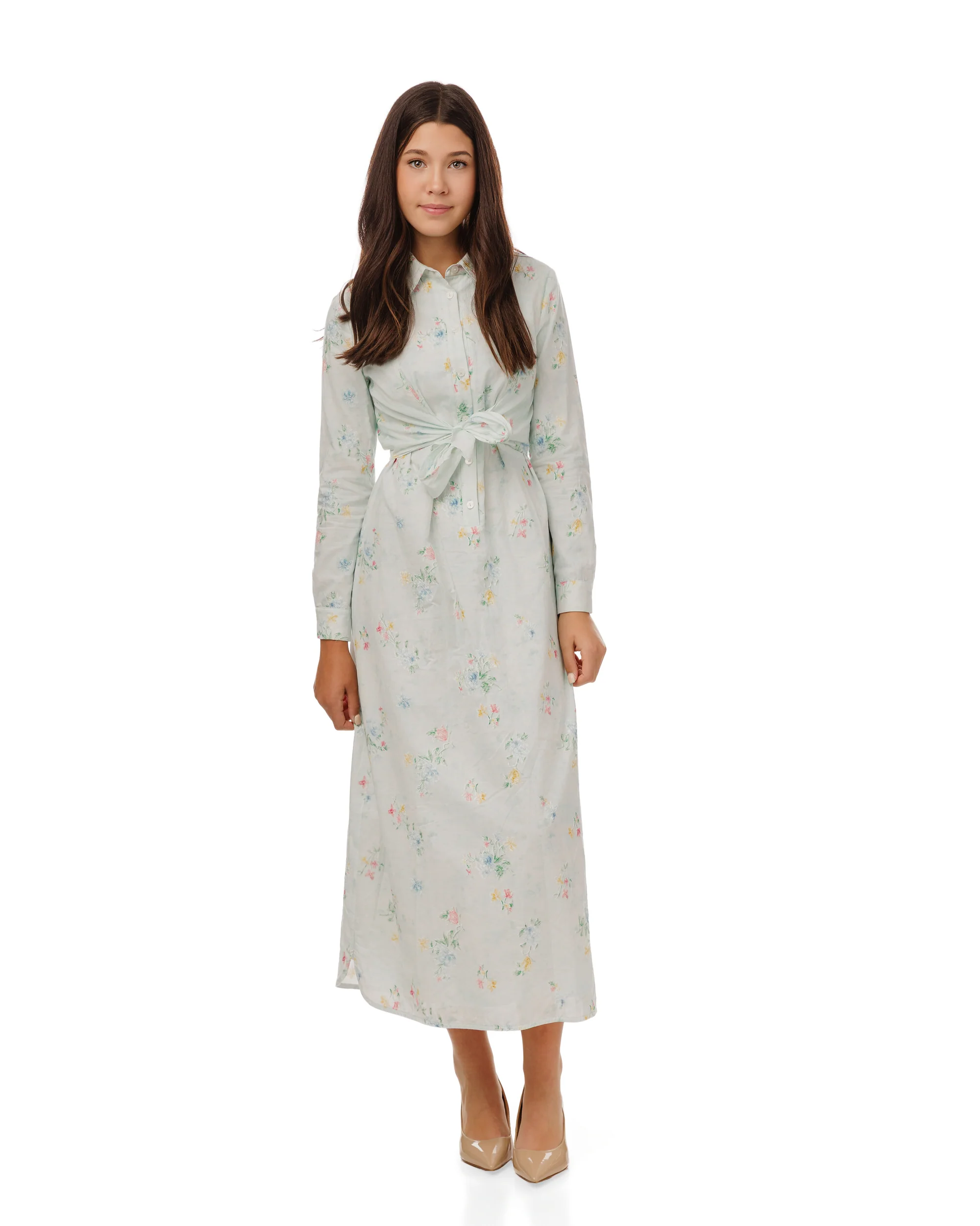 Baby Blue Multicolor Embroidered Waist Tie Dress