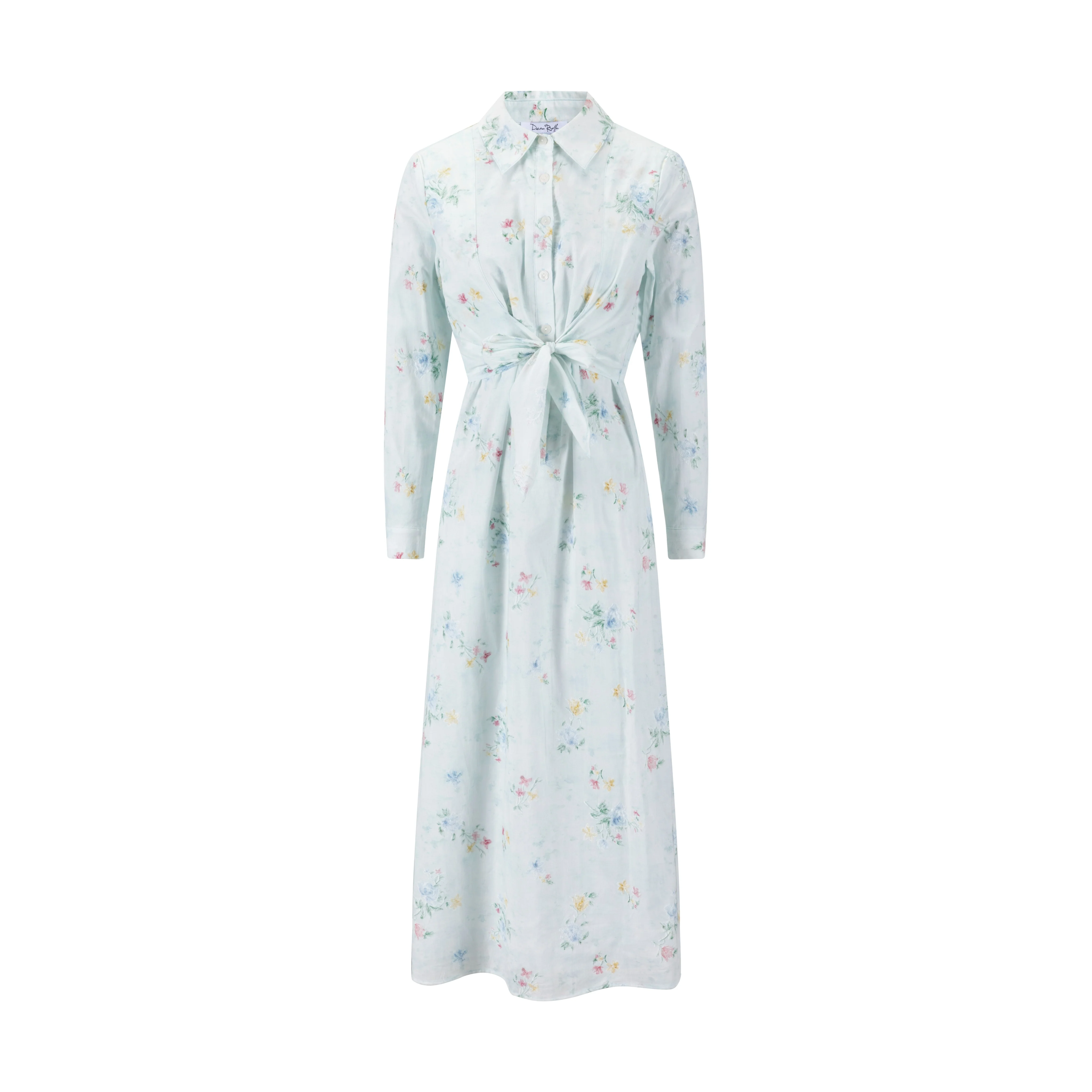 Baby Blue Multicolor Embroidered Waist Tie Dress - Image 2