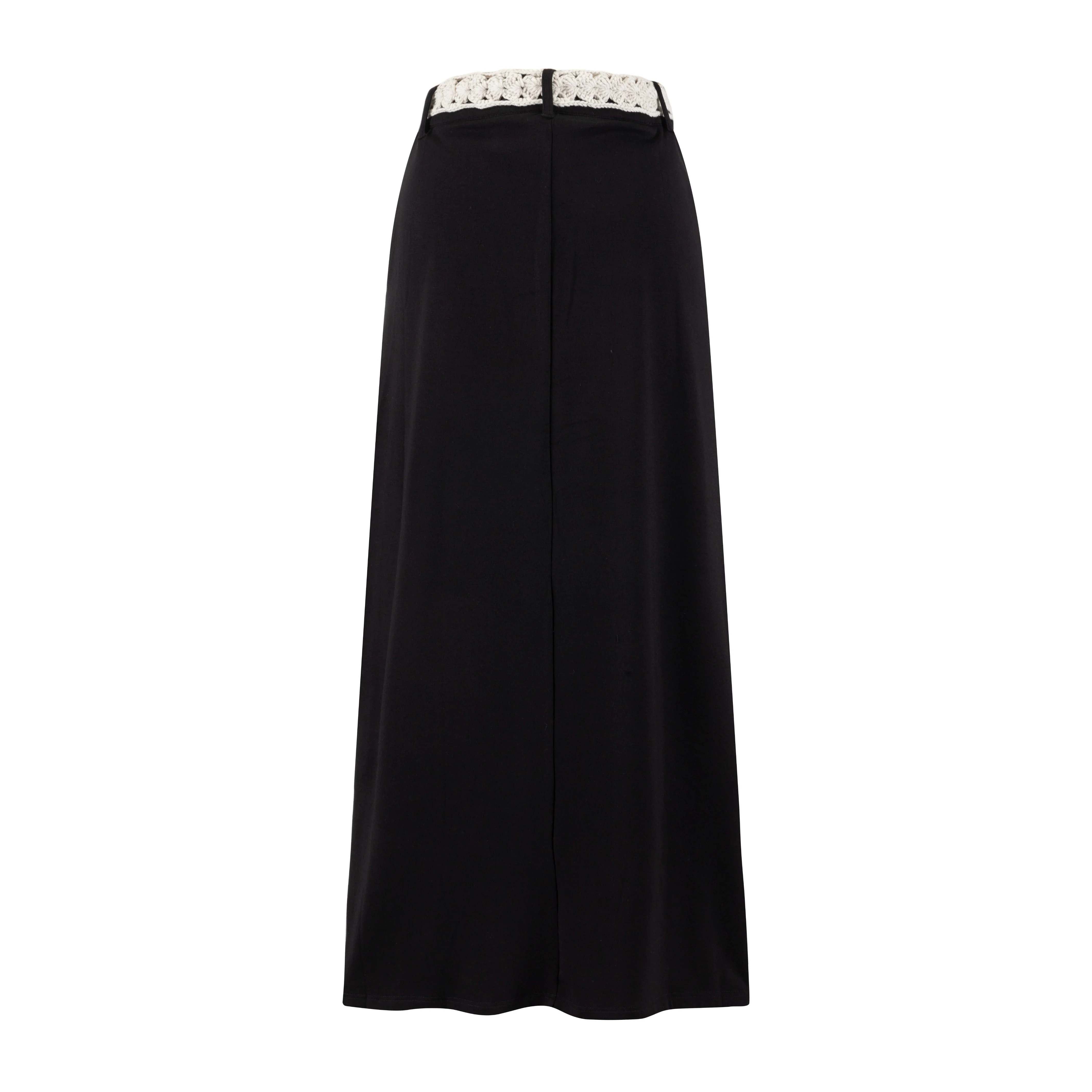 Beige Crochet Belt Solid Black Skirt - Image 3