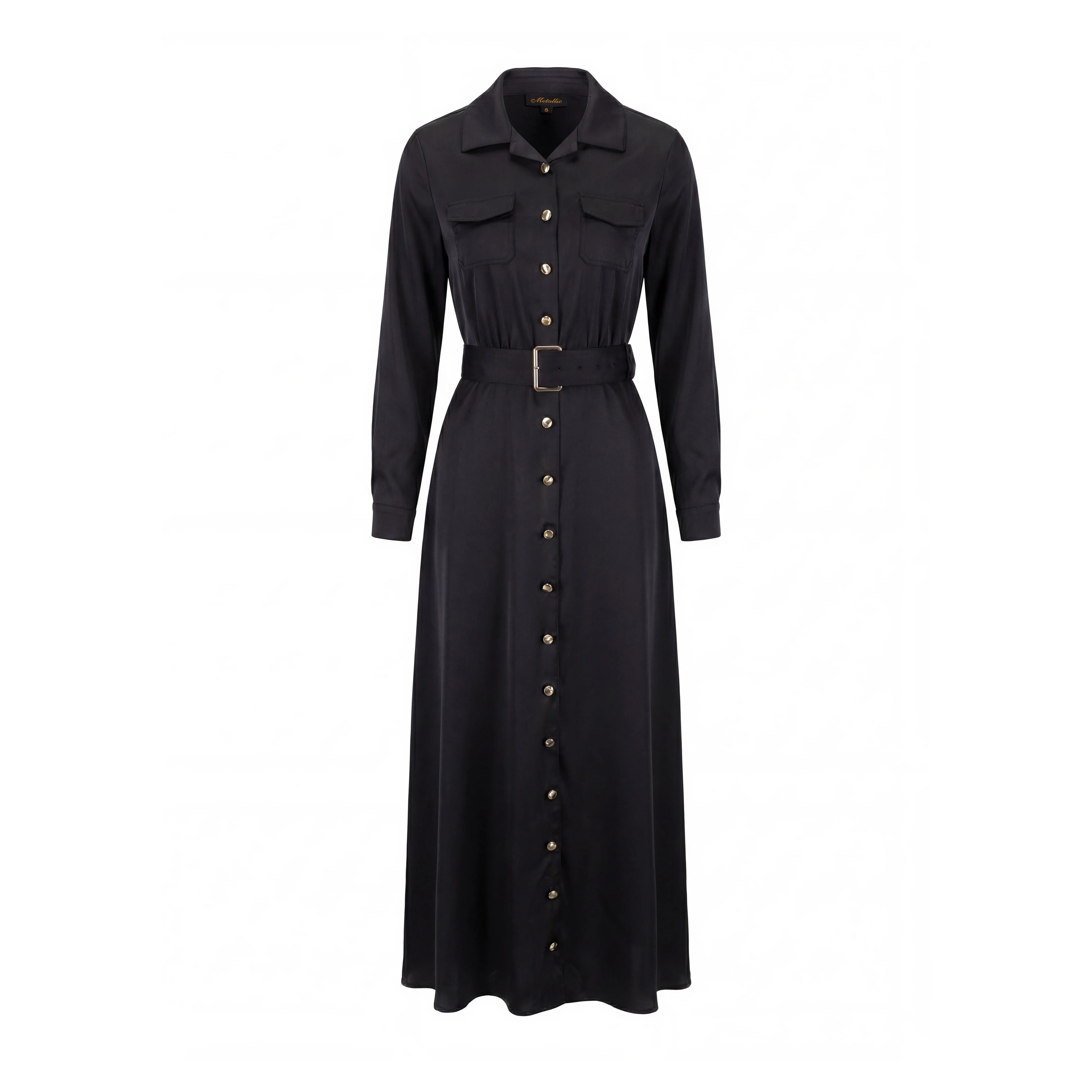 Belted Dress With Gold Buttons - Black - Image 2