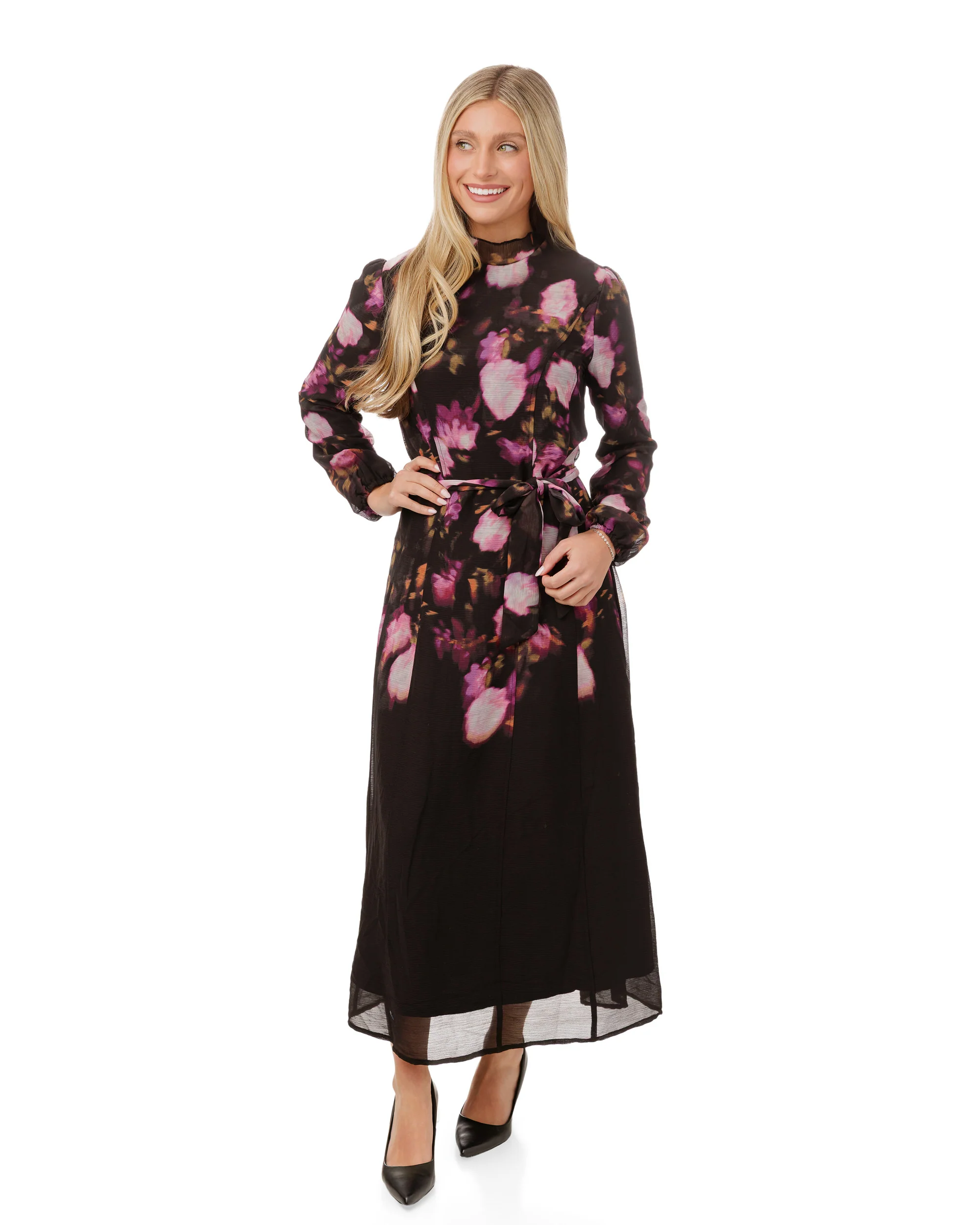 Black And Purple Floral Chiffon Dress