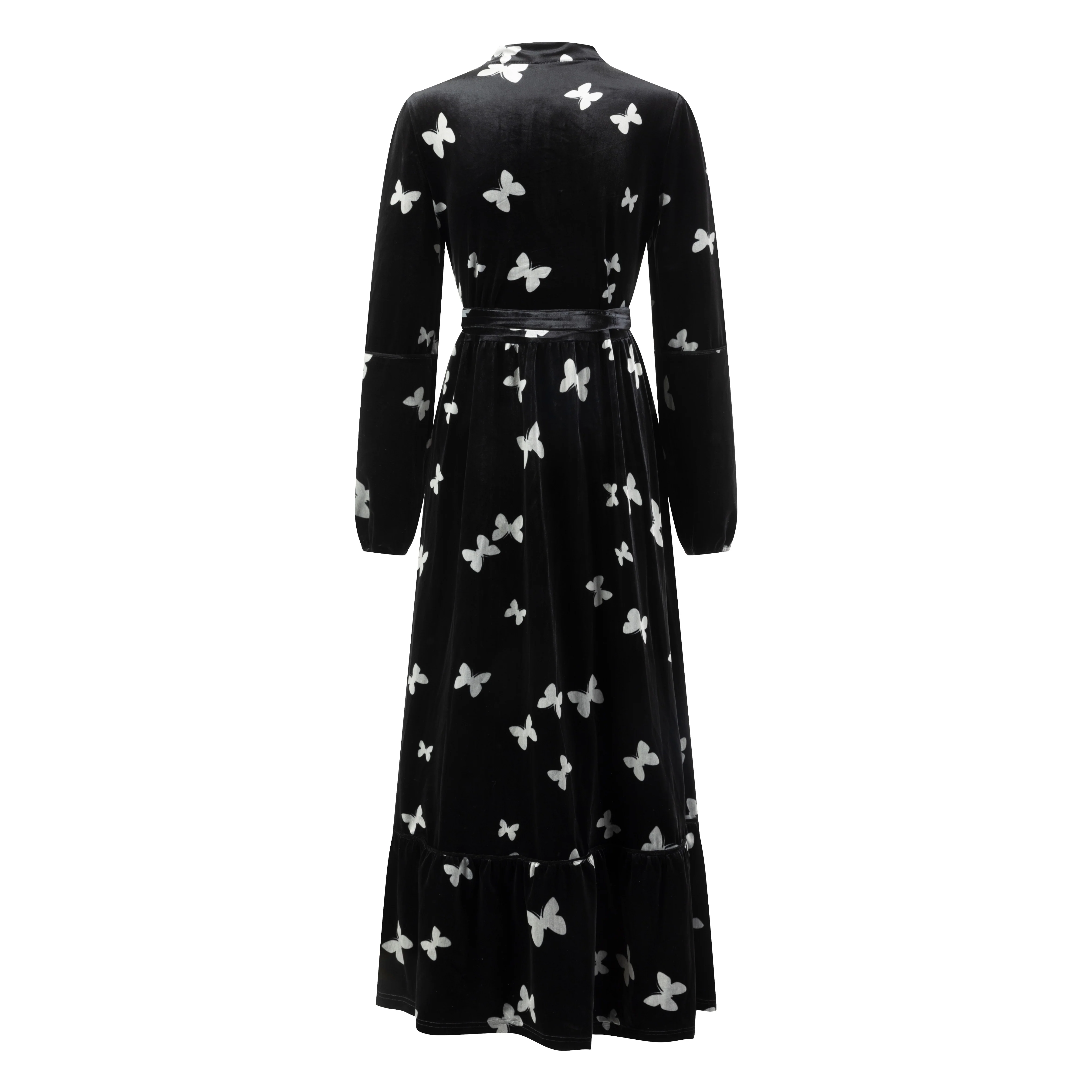 Black Butterfly Printed Velvet Dress - Image 4