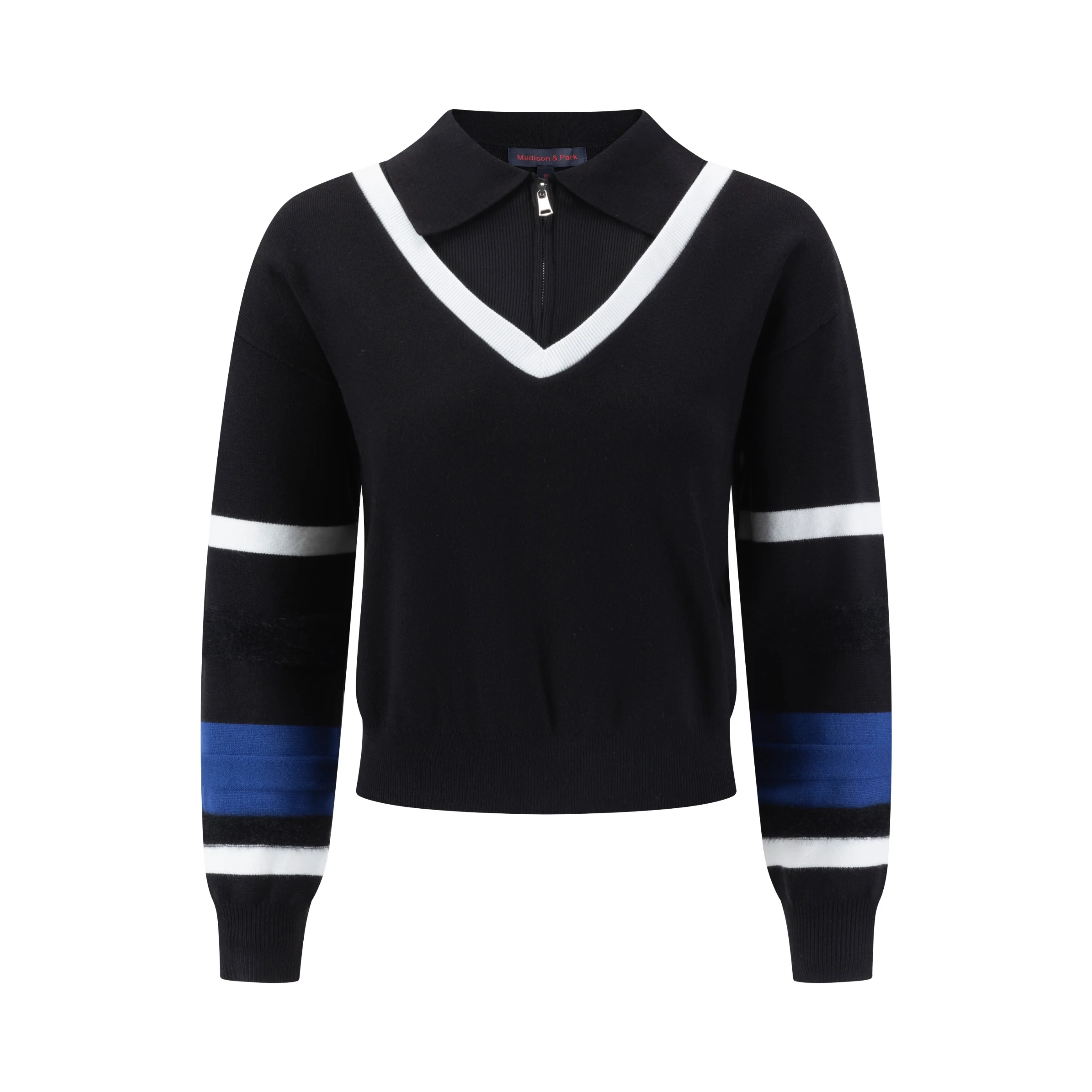 Black Flat And Ribbed Collar Front Zip Knit Top - Image 2