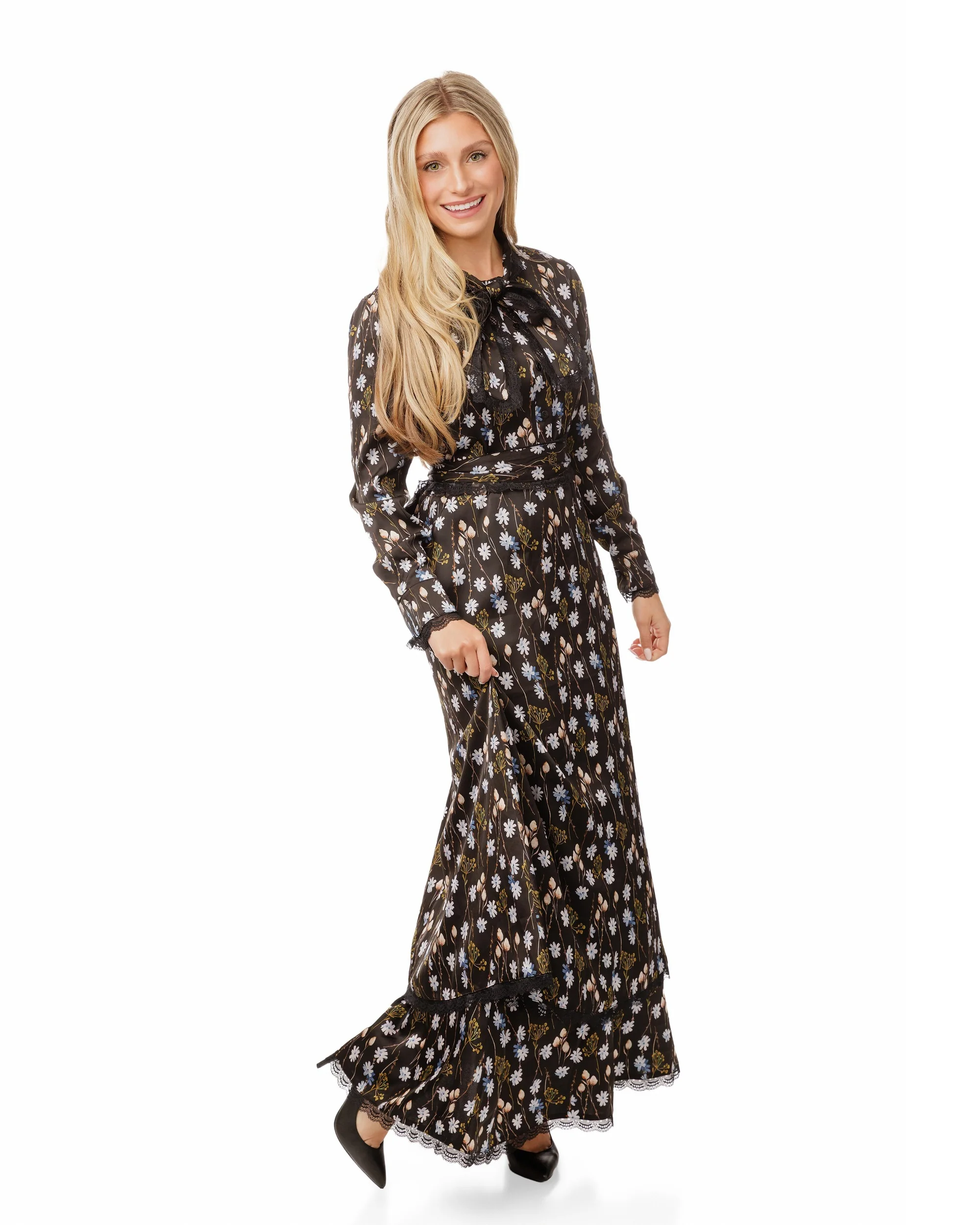 Black Floral Printed Belted Dress