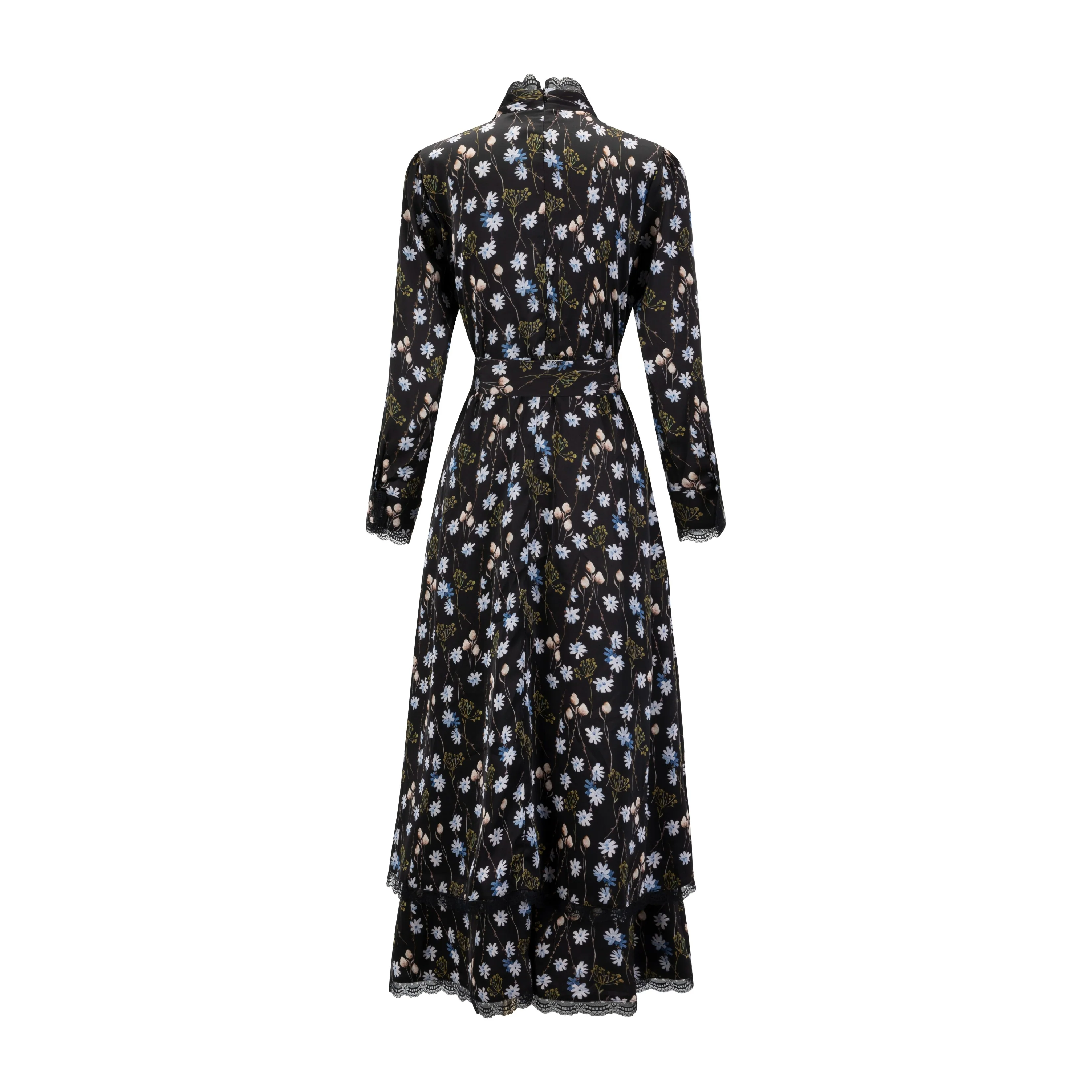 Black Floral Printed Belted Dress - Image 3
