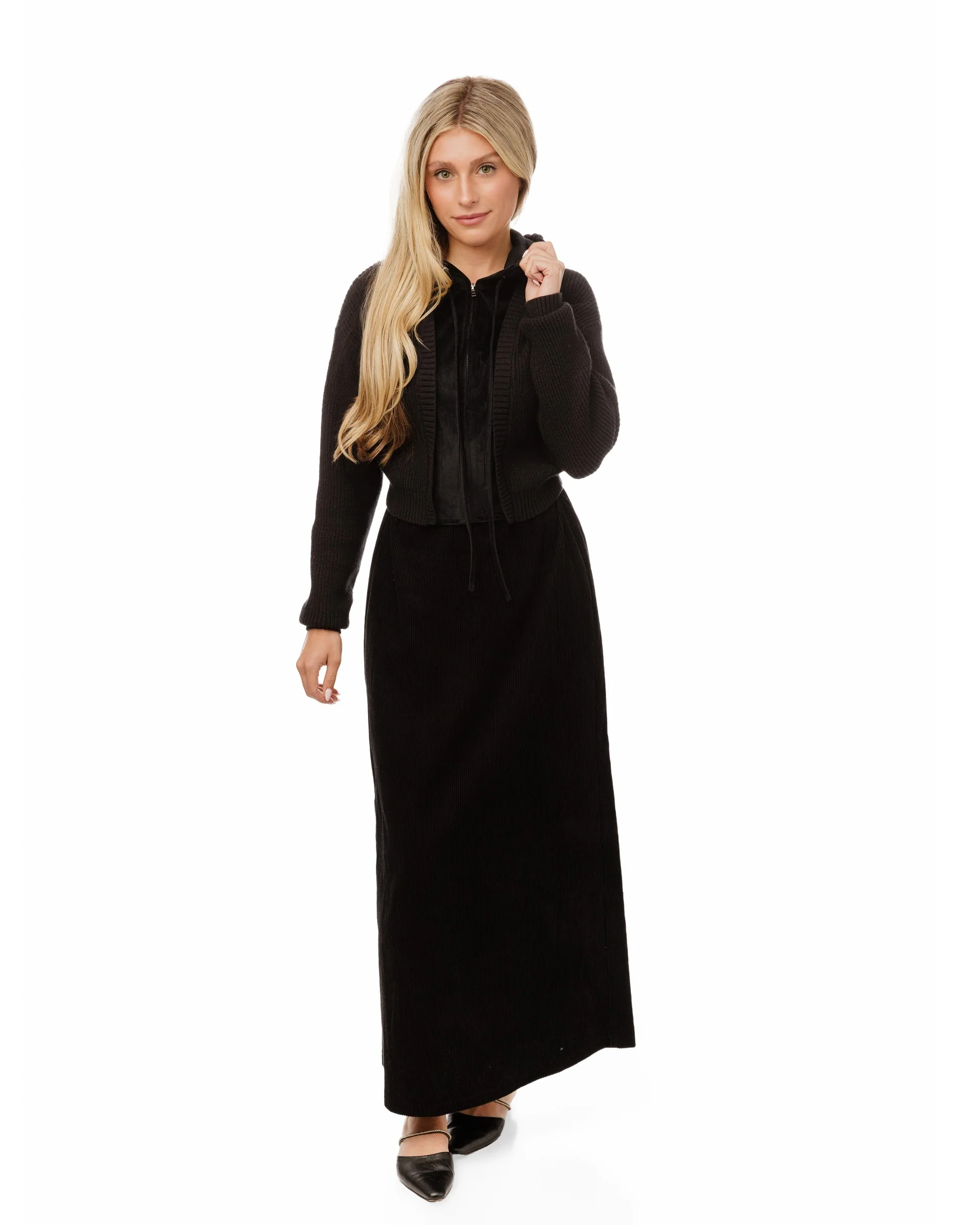 Black Knit And Velvet Zip Up Hoodie