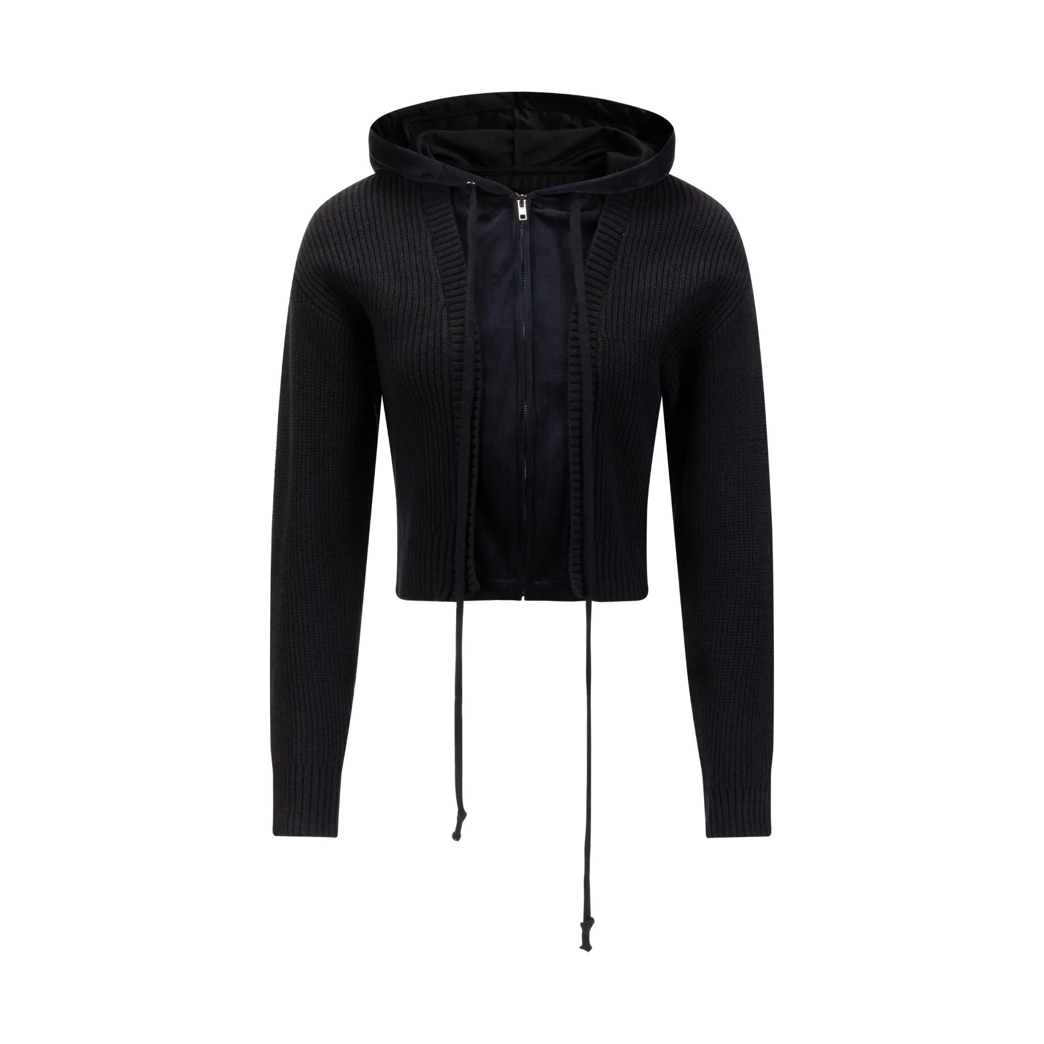 Black Knit And Velvet Zip Up Hoodie - Image 2