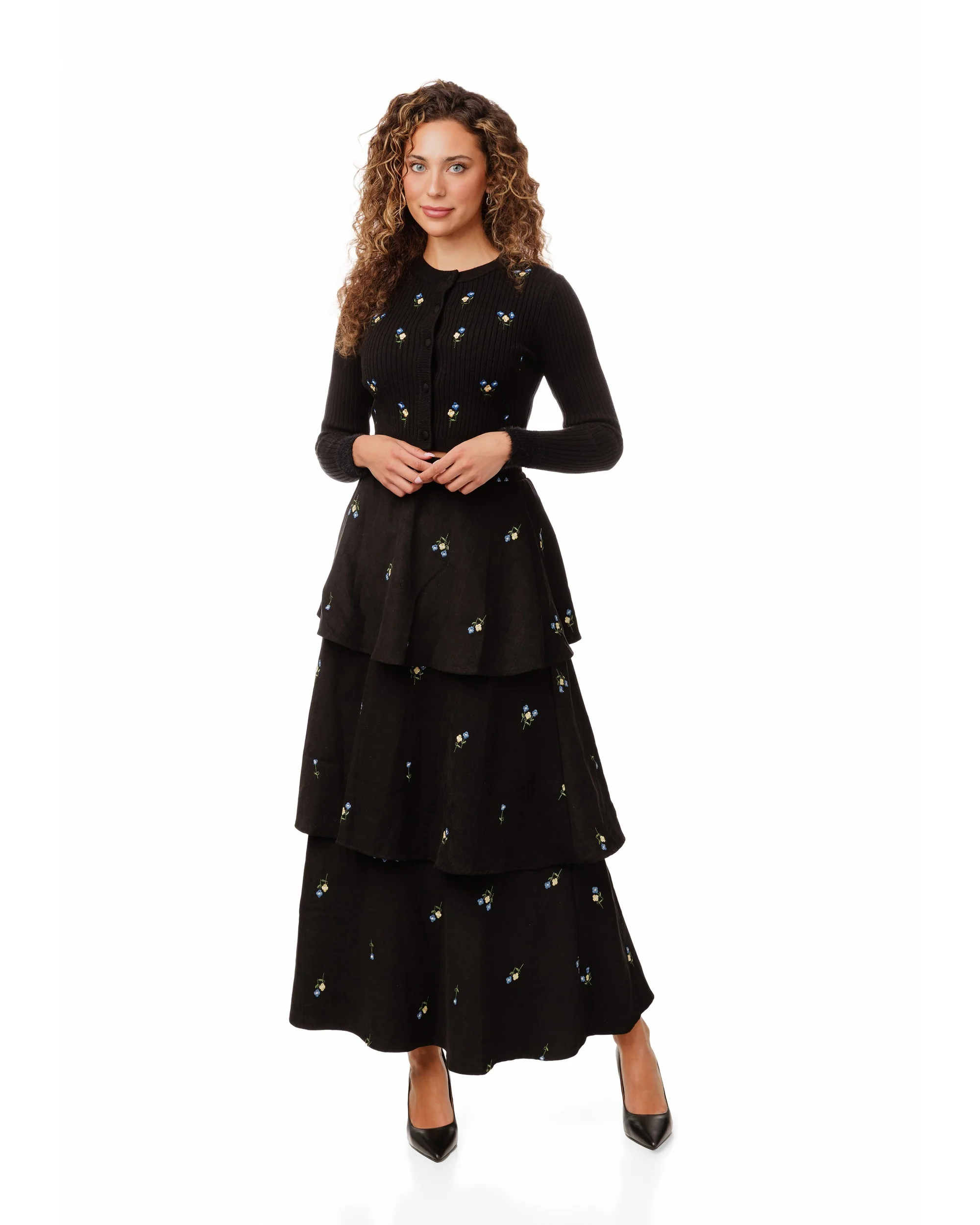 Black Layered Mini Floral Embroidered Skirt
