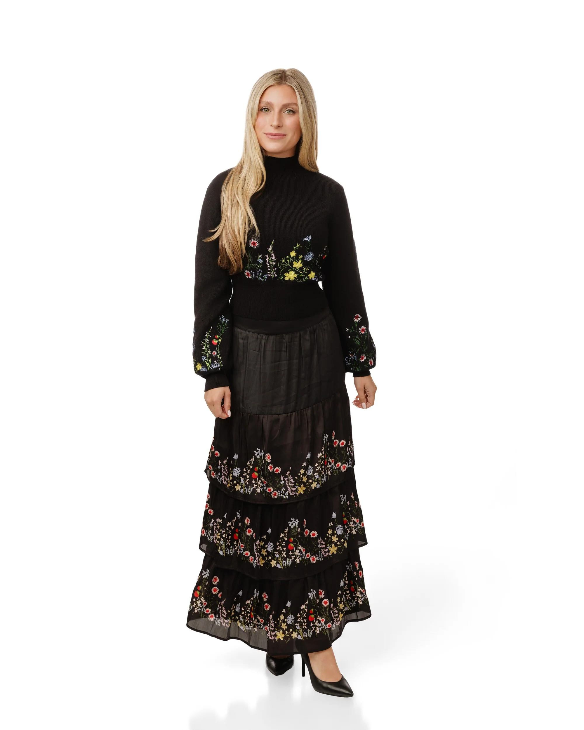 Black Layered Multi Colored Floral Printed Skirt