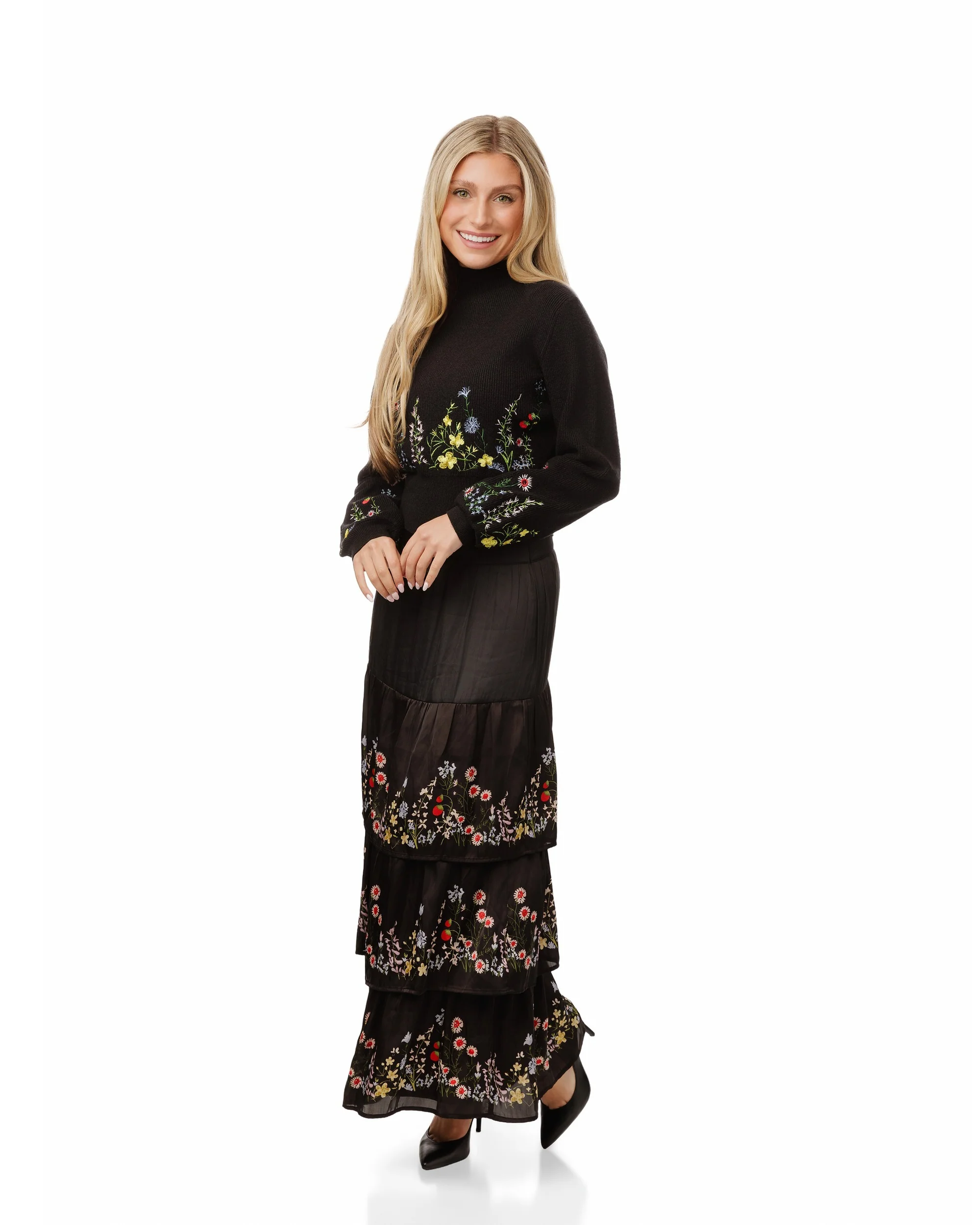 Black Layered Multi Colored Floral Printed Skirt - Image 2