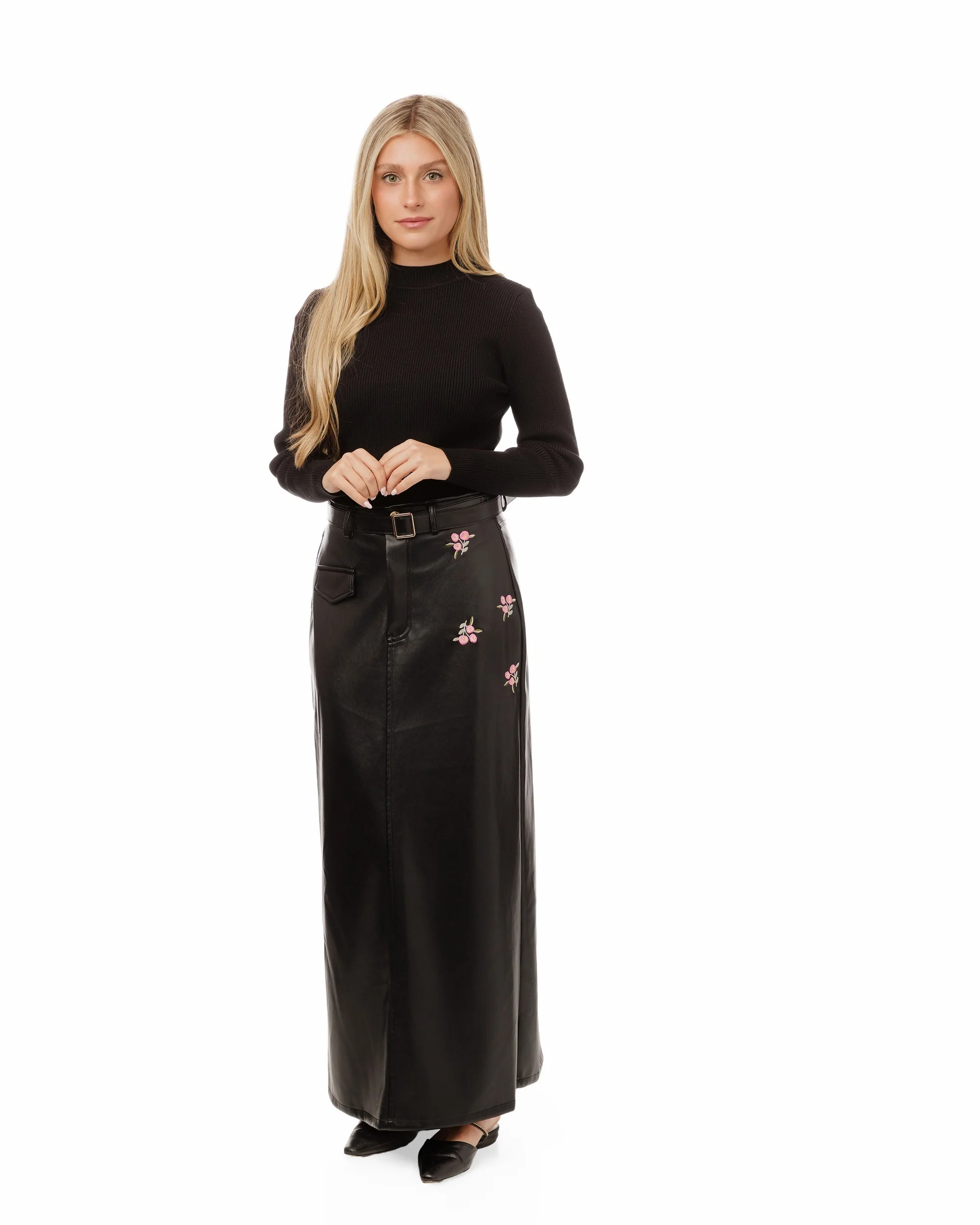Black Leather With Mini Pink Floral Embroidery