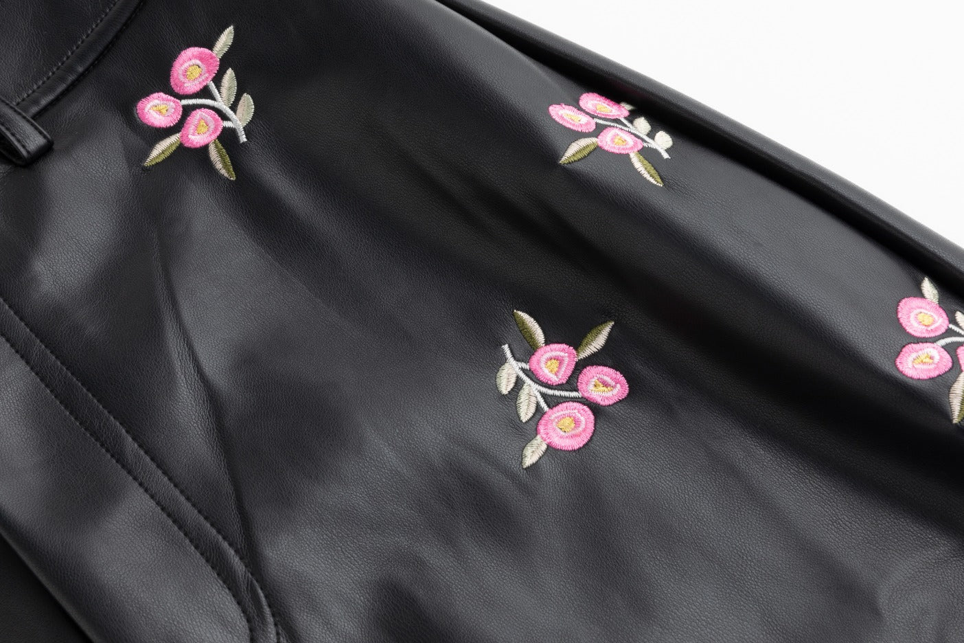 Black Leather With Mini Pink Floral Embroidery - Image 5