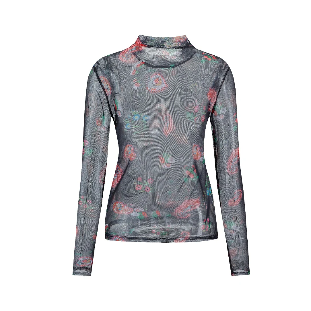 Black Mesh Red Paisley Printed Top - Image 3