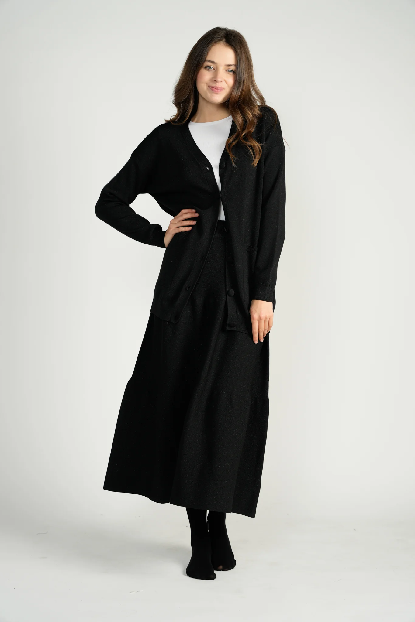 Black Metallic Knit 2-Tiered Long Midi Skirt - Image 2
