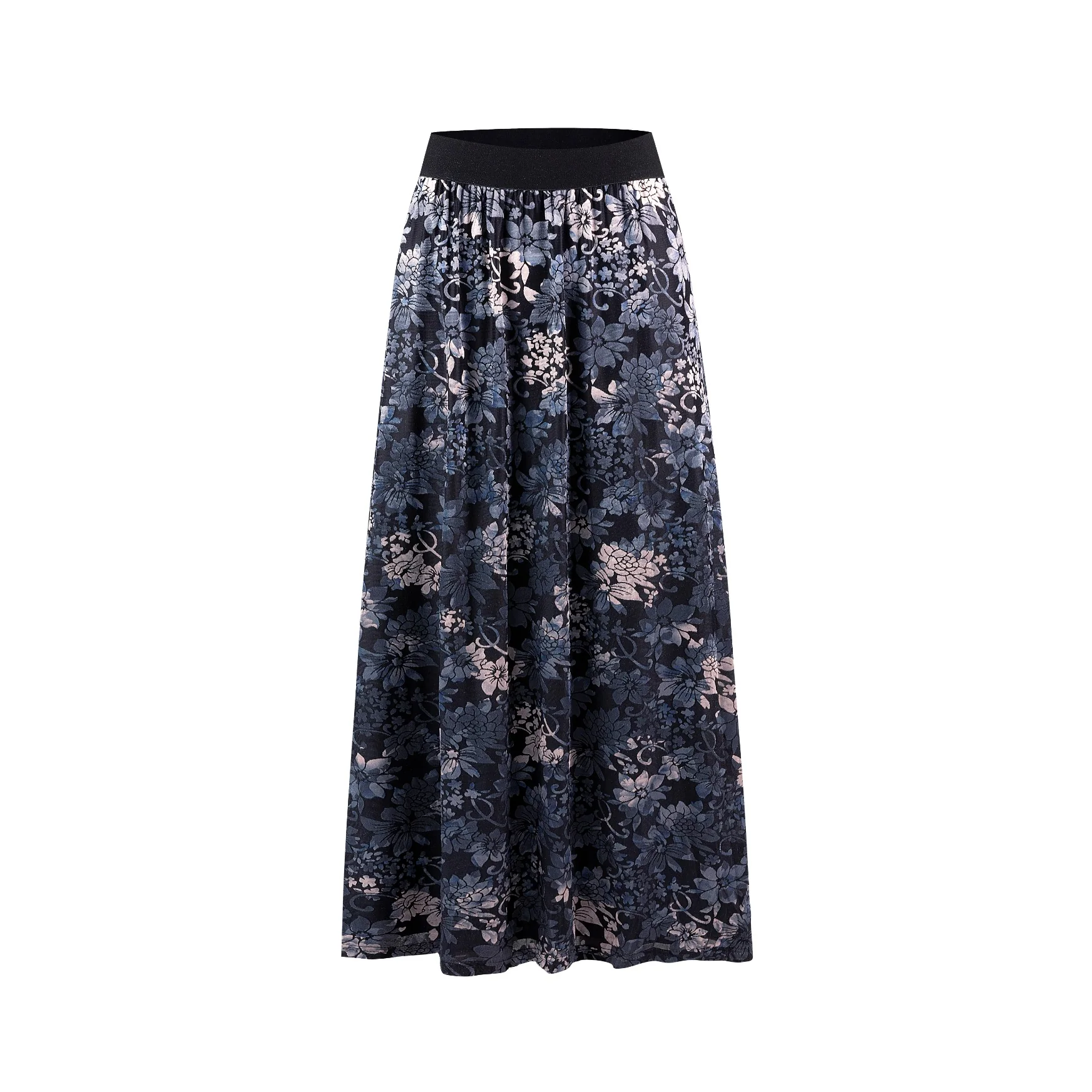 Black Printed Velvet Skirt With Elastic Waistband - Image 2
