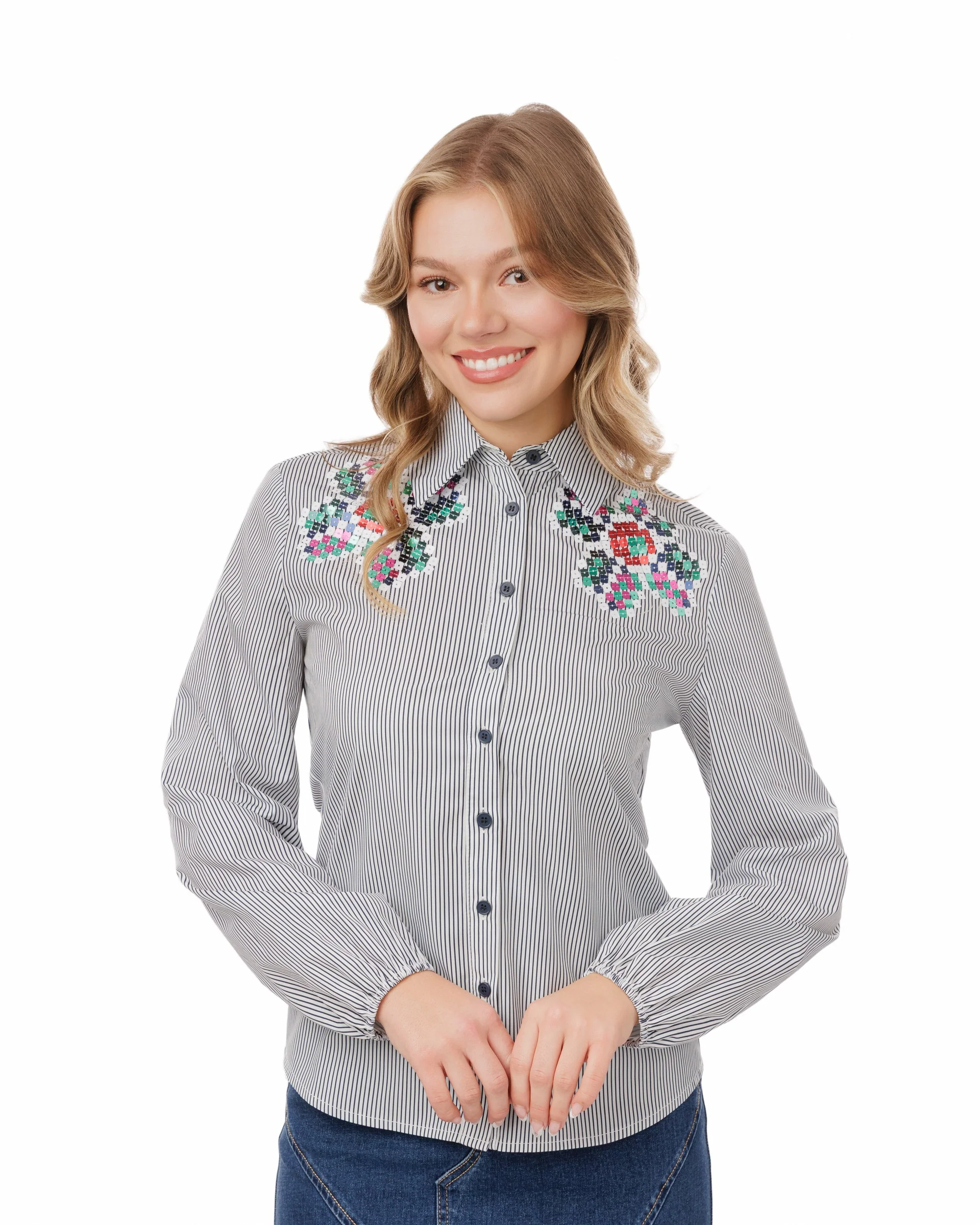Black Striped Blouse With Colorful Beading