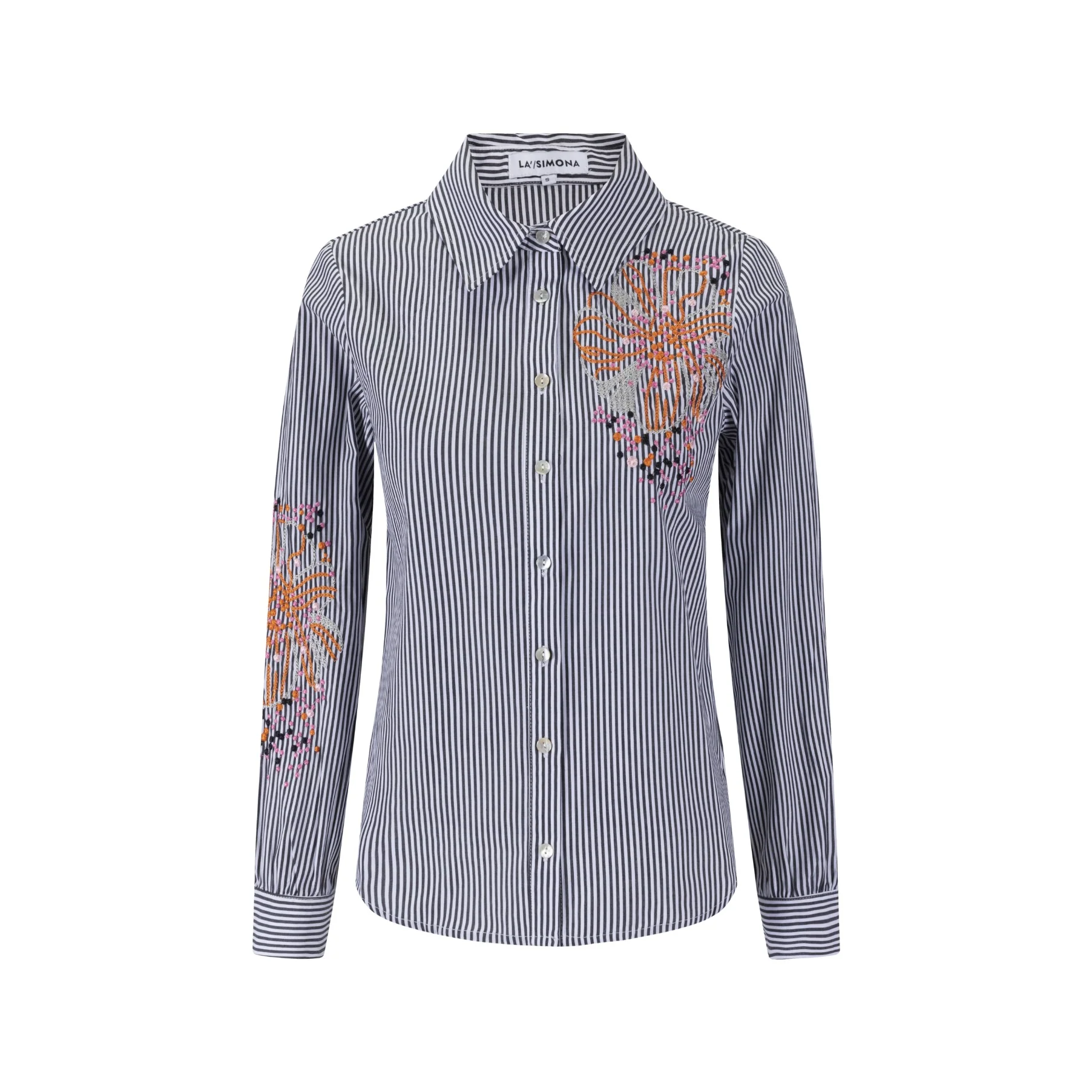 Black Stripes Shirt With Big Orange Flower Embroidery - Image 2