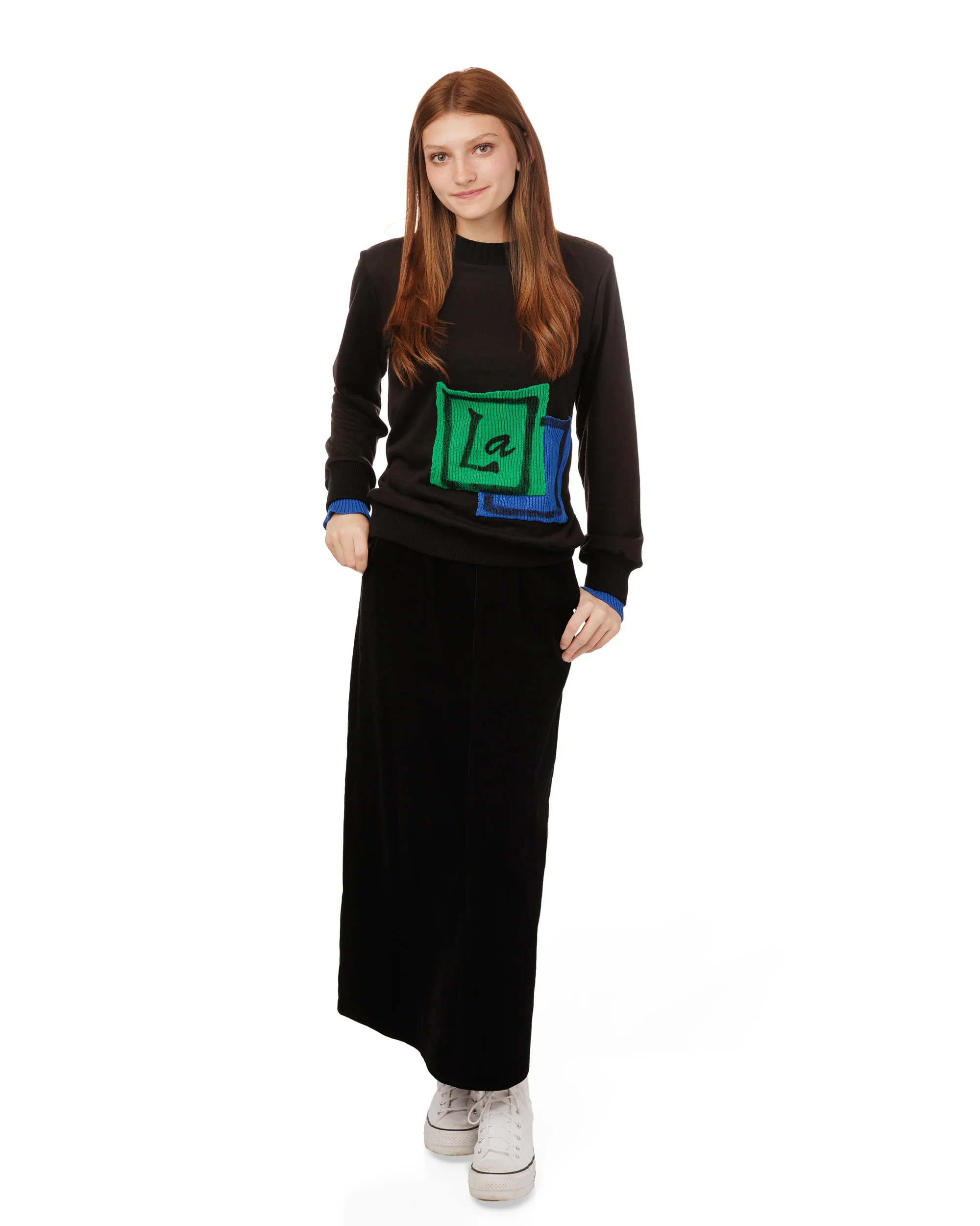 Black Sweater With Green And Blue Knit Pocket Details