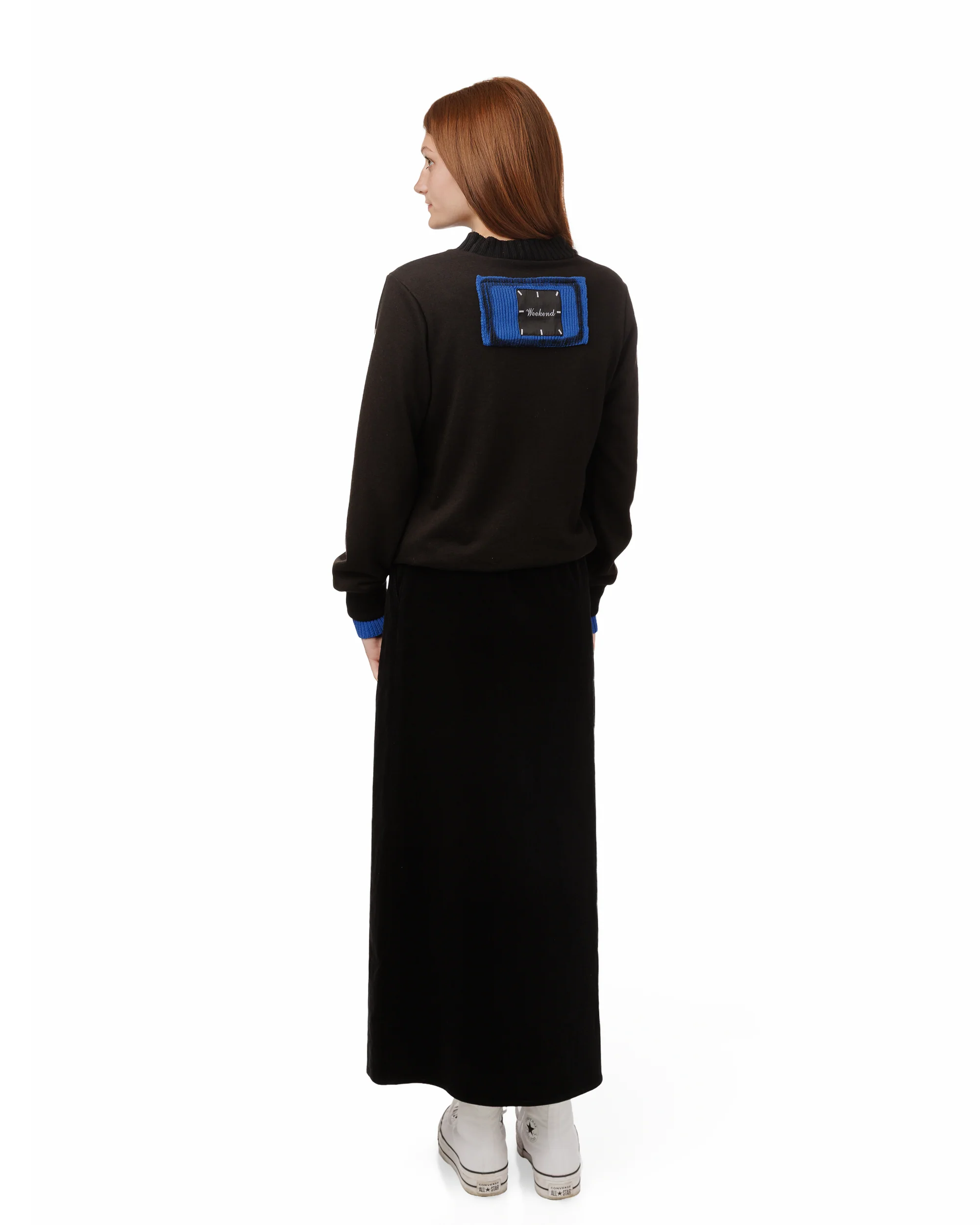 Black Sweater With Green And Blue Knit Pocket Details - Image 2