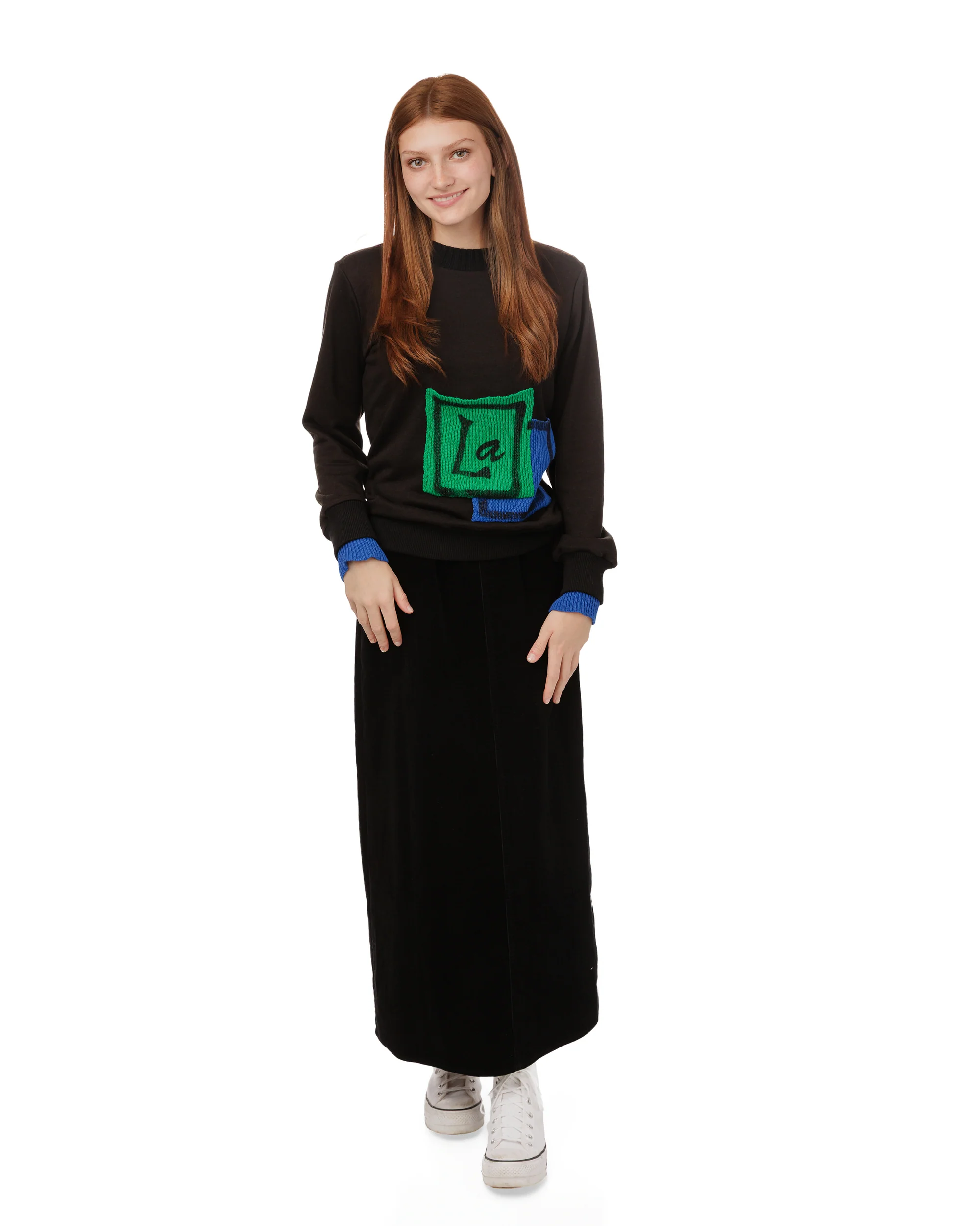 Black Sweater With Green And Blue Knit Pocket Details - Image 3