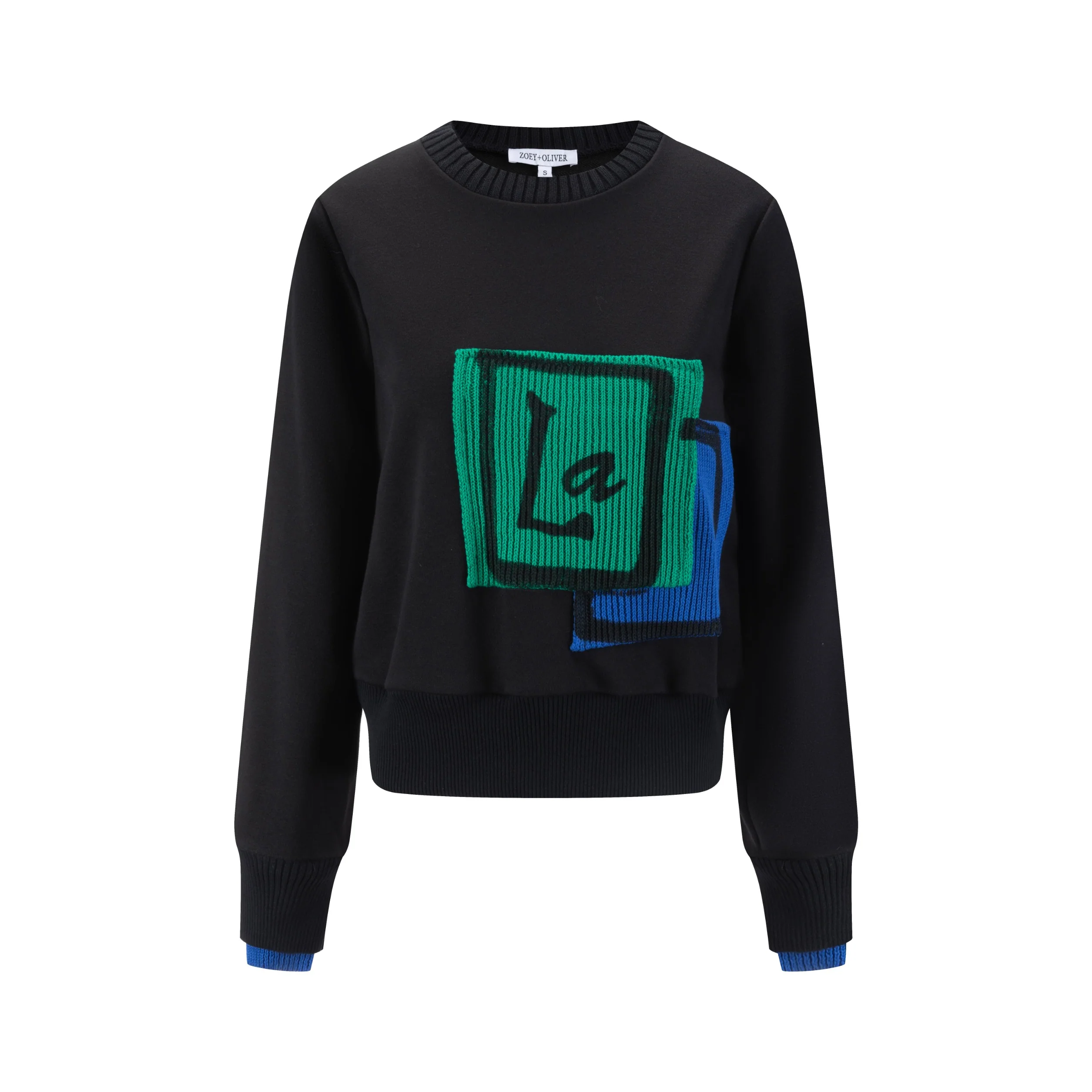 Black Sweater With Green And Blue Knit Pocket Details - Image 4