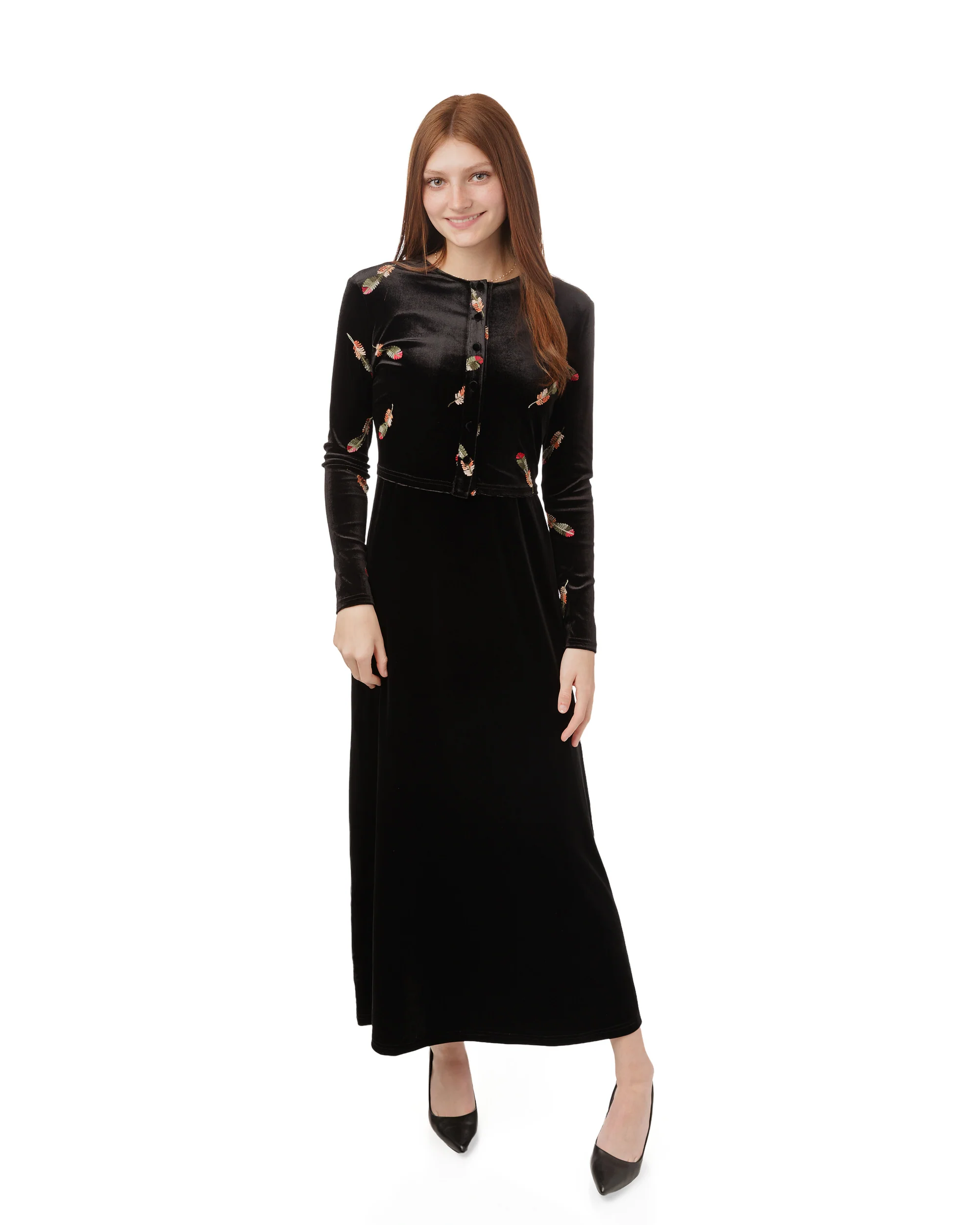Black Velvet Embroidered Leaf Cardigan With Velvet Jumper Underlay