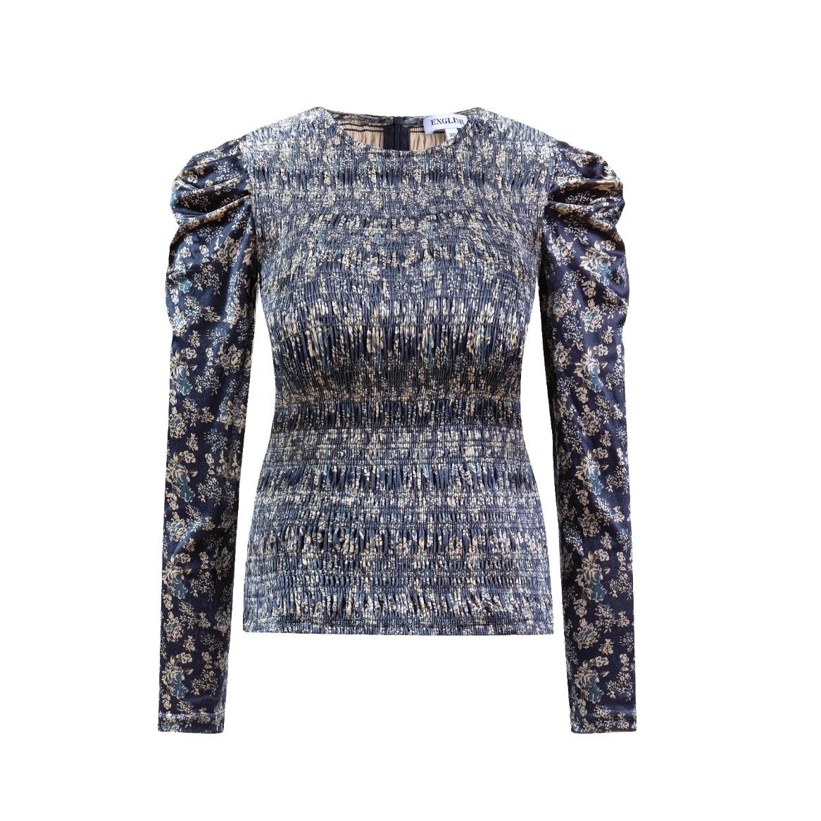 Black Velvet Smocked Fitted Top With Puff Shoulder - Image 2