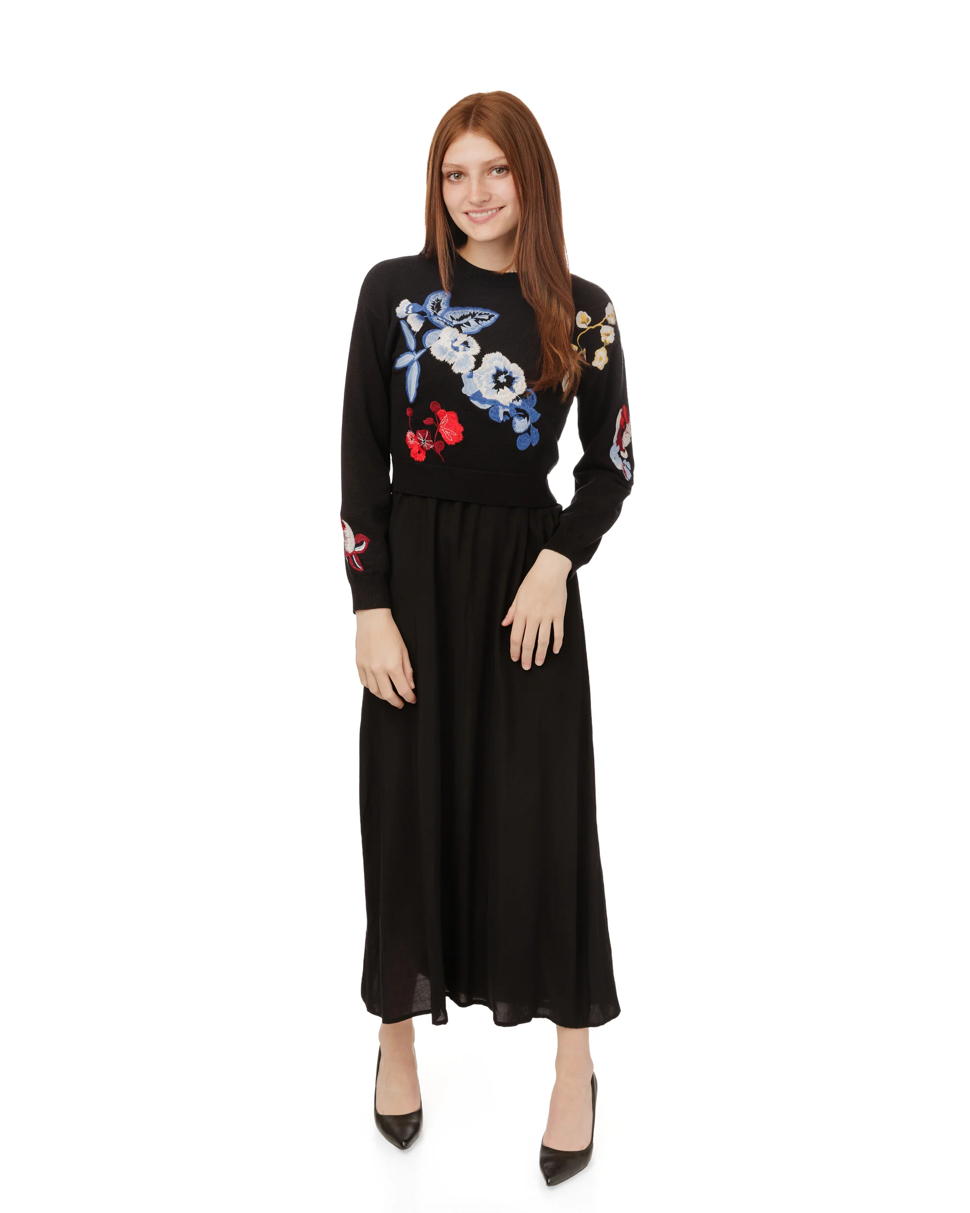 Black Wool Dress With Floral Embroidered Knit Overlay - Image 2