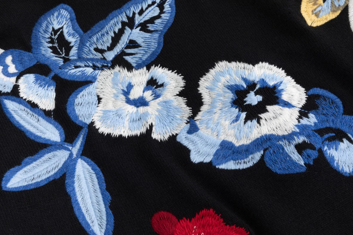 Black Wool Dress With Floral Embroidered Knit Overlay - Image 6