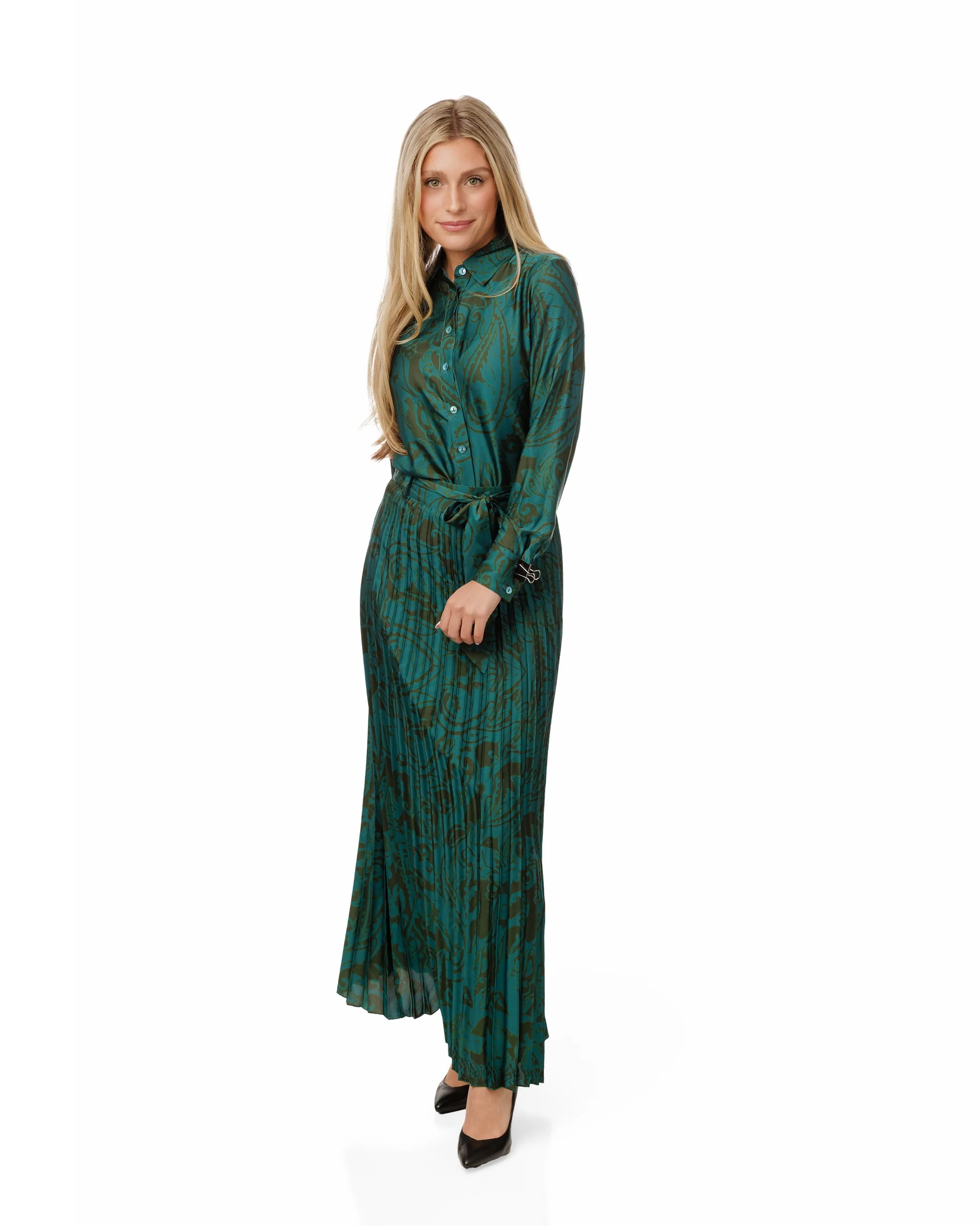 Blue And Green Pleated Printed Skirt
