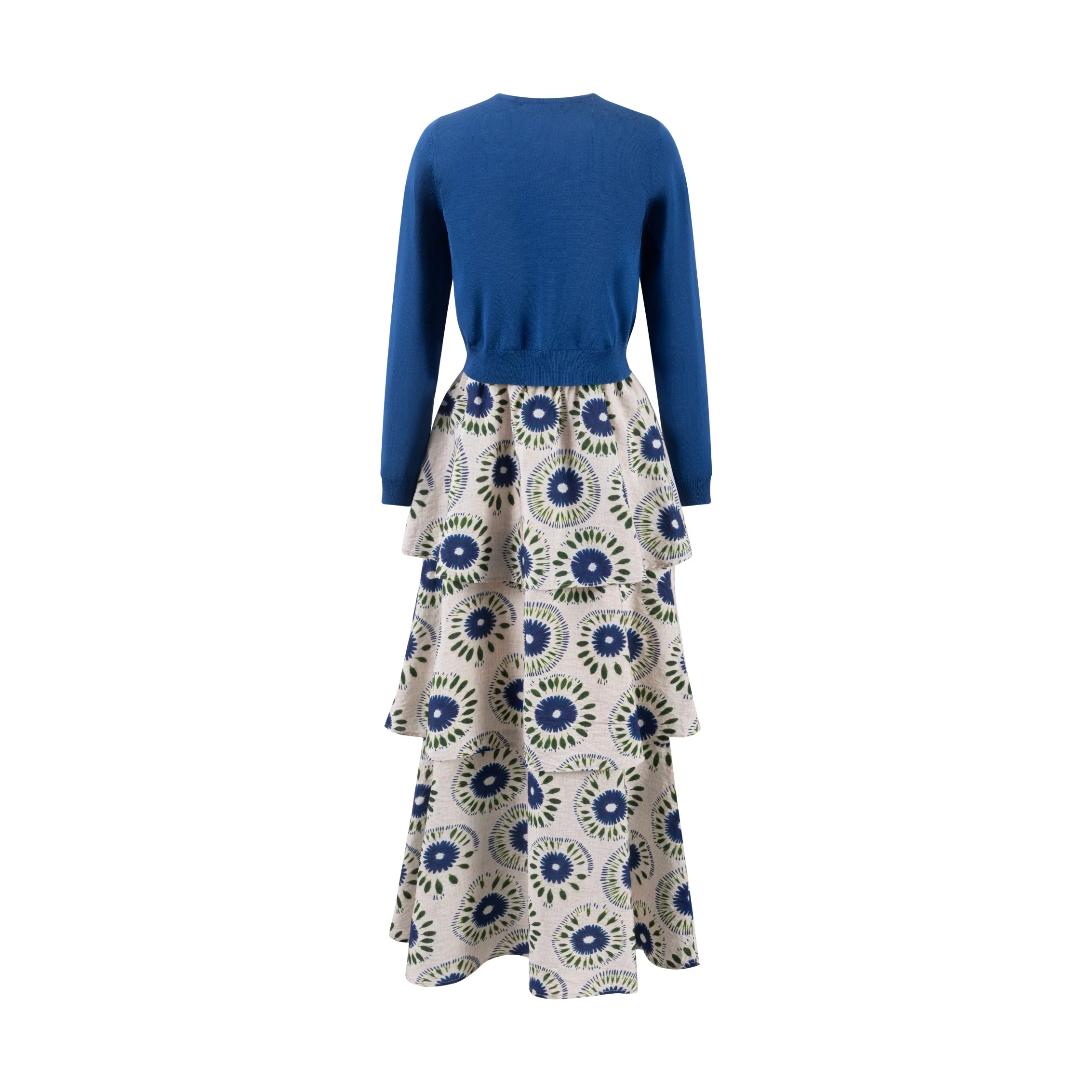 Blue And Green Printed Layered Jumper With Royal Blue Knit Cardigan - Image 3