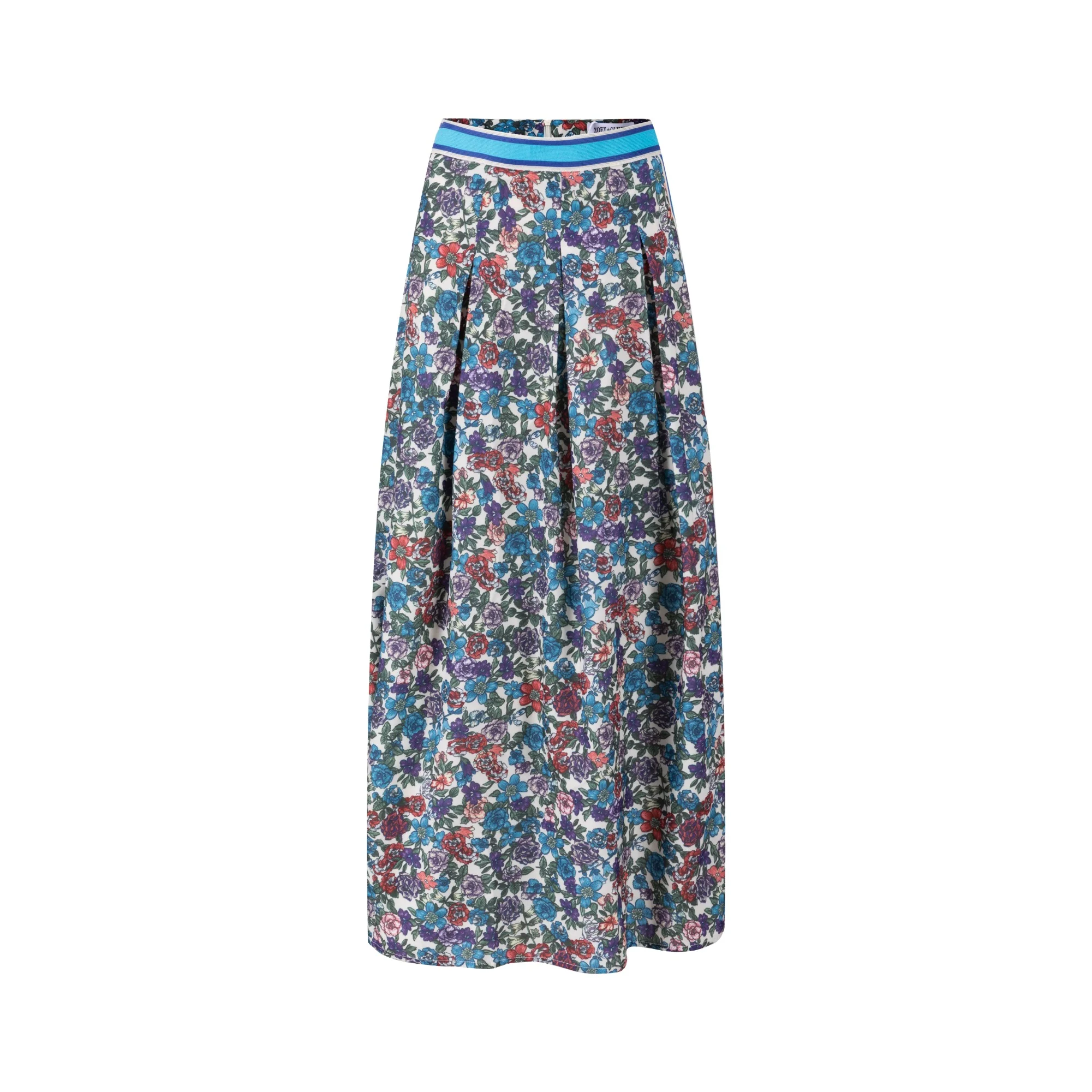Blue And Red Floral Skirt With Striped Waist - Image 3
