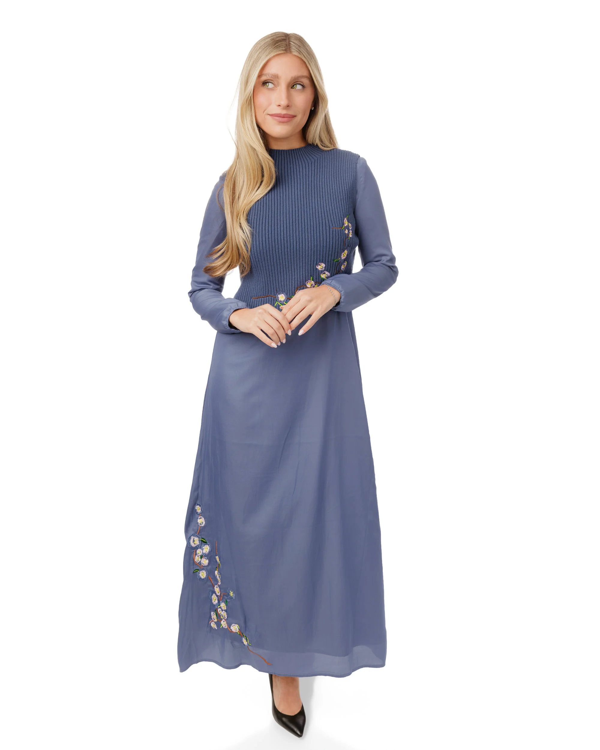 Blue Embroidered Dress With Knit Vest Overlay - Image 7