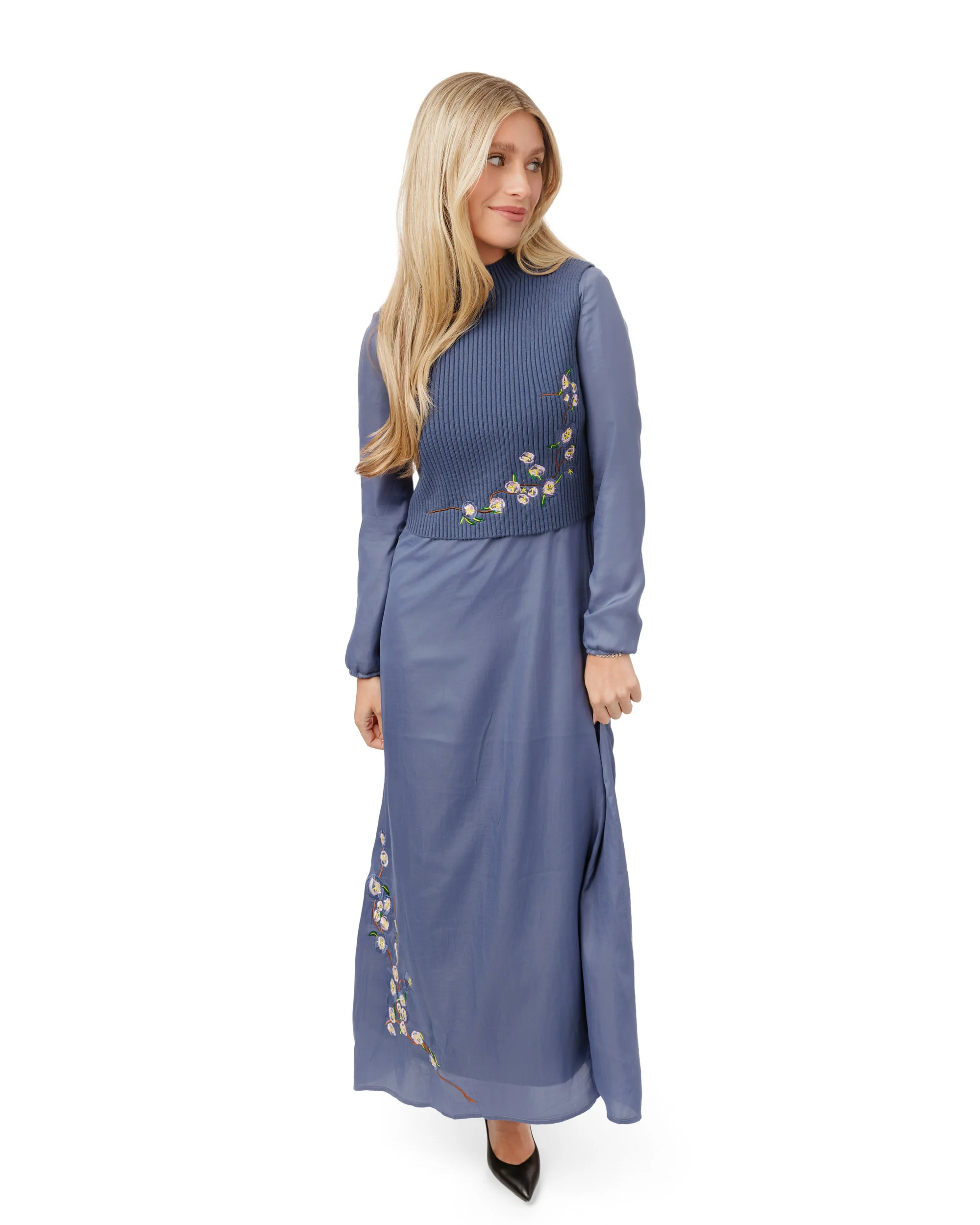 Blue Embroidered Dress With Knit Vest Overlay - Image 8