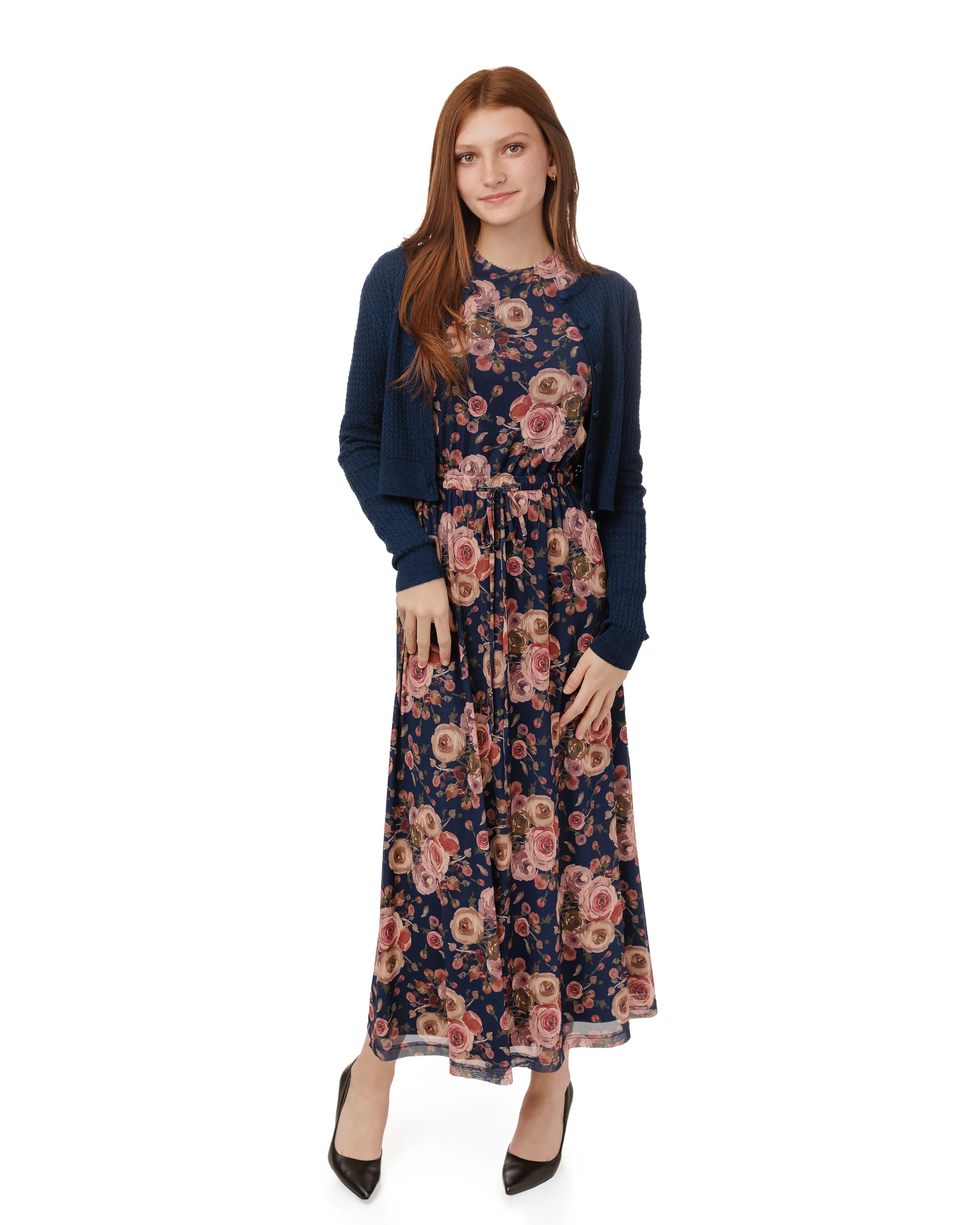 Blue Floral Mesh Dress With Knit Cardigan Overlay