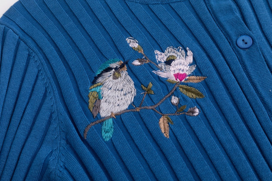 Blue Knit Cardigan With Embroidered Bird - Image 5