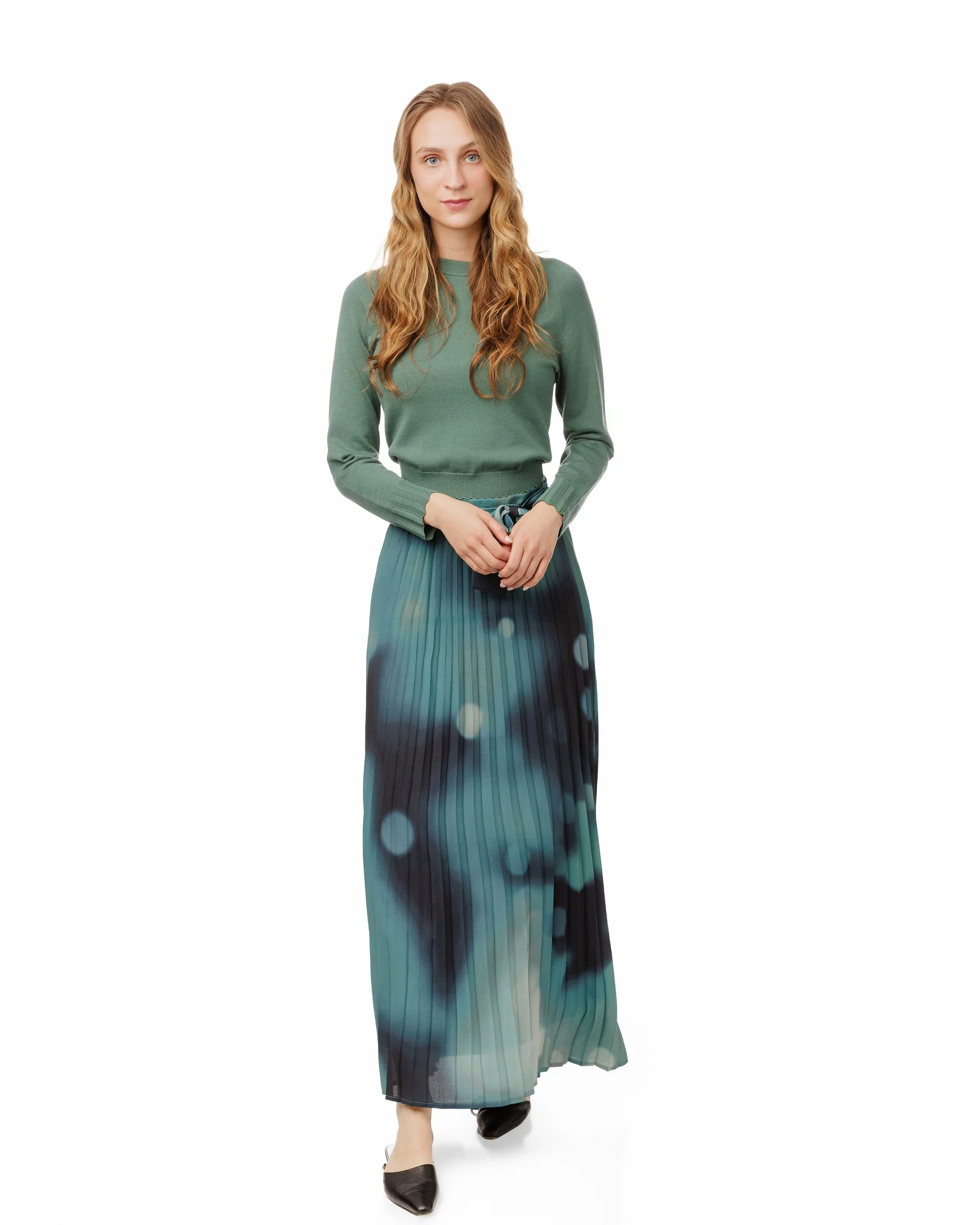 Blue Printed Accordion Pleated Skirt