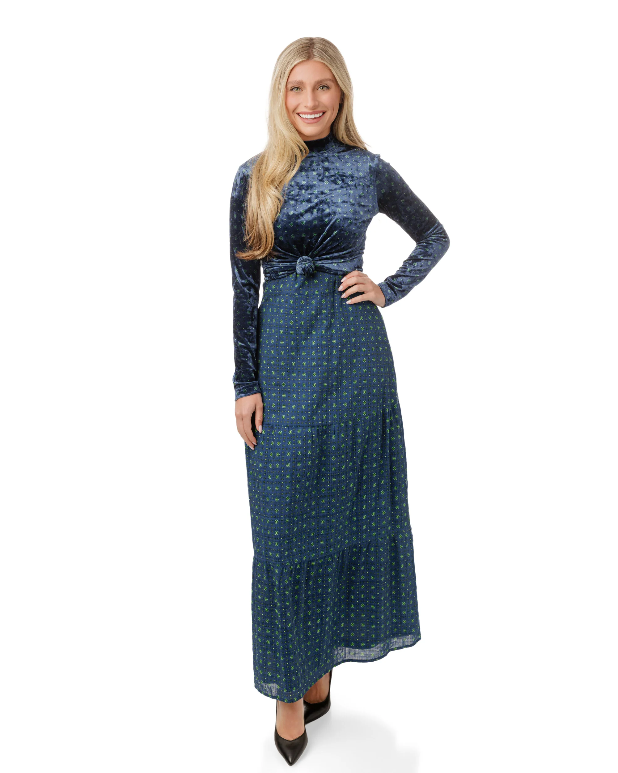 Blue Printed Wool Dress With Velvet Mock Neck Overlay