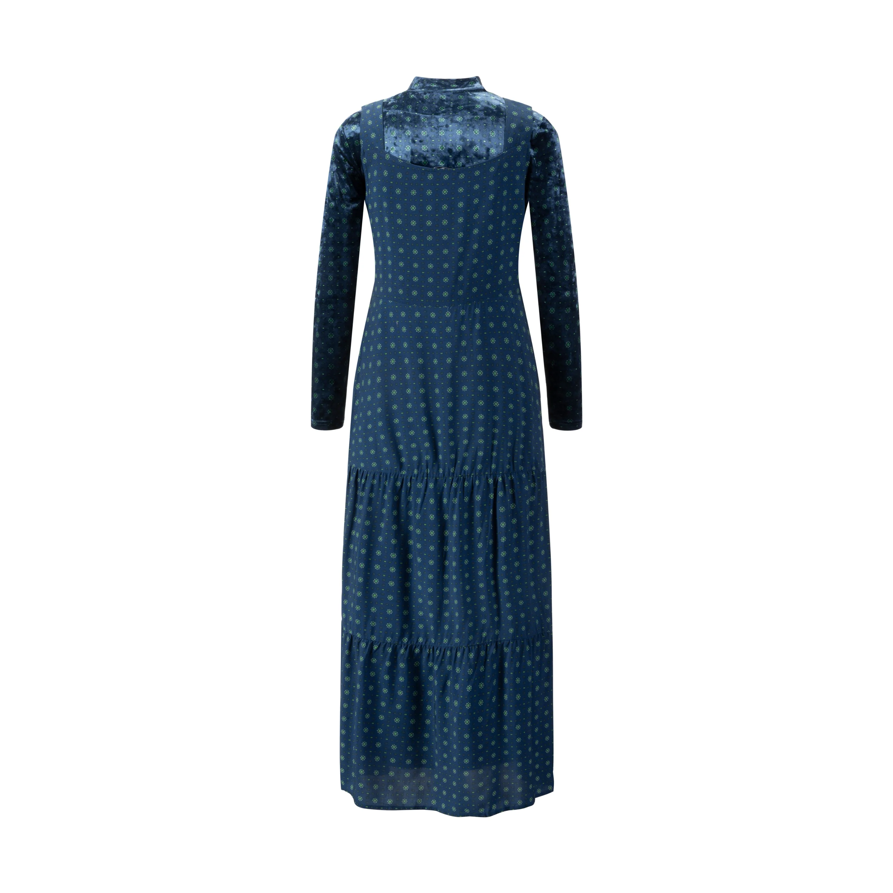 Blue Printed Wool Dress With Velvet Mock Neck Overlay - Image 3