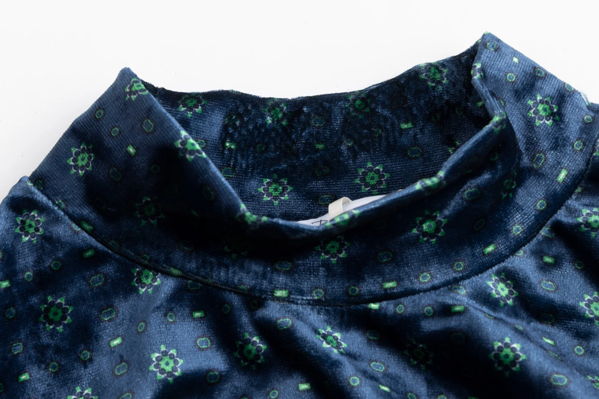 Blue Printed Wool Dress With Velvet Mock Neck Overlay - Image 4