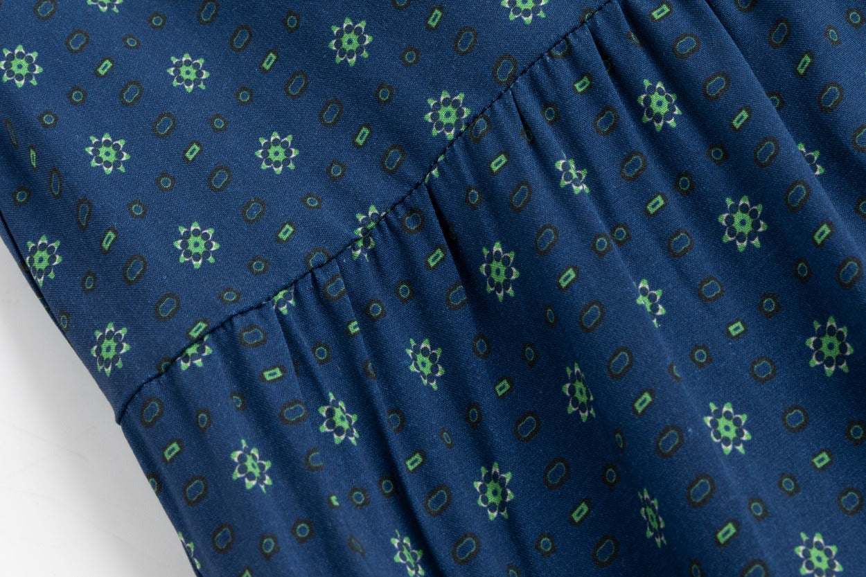 Blue Printed Wool Dress With Velvet Mock Neck Overlay - Image 7